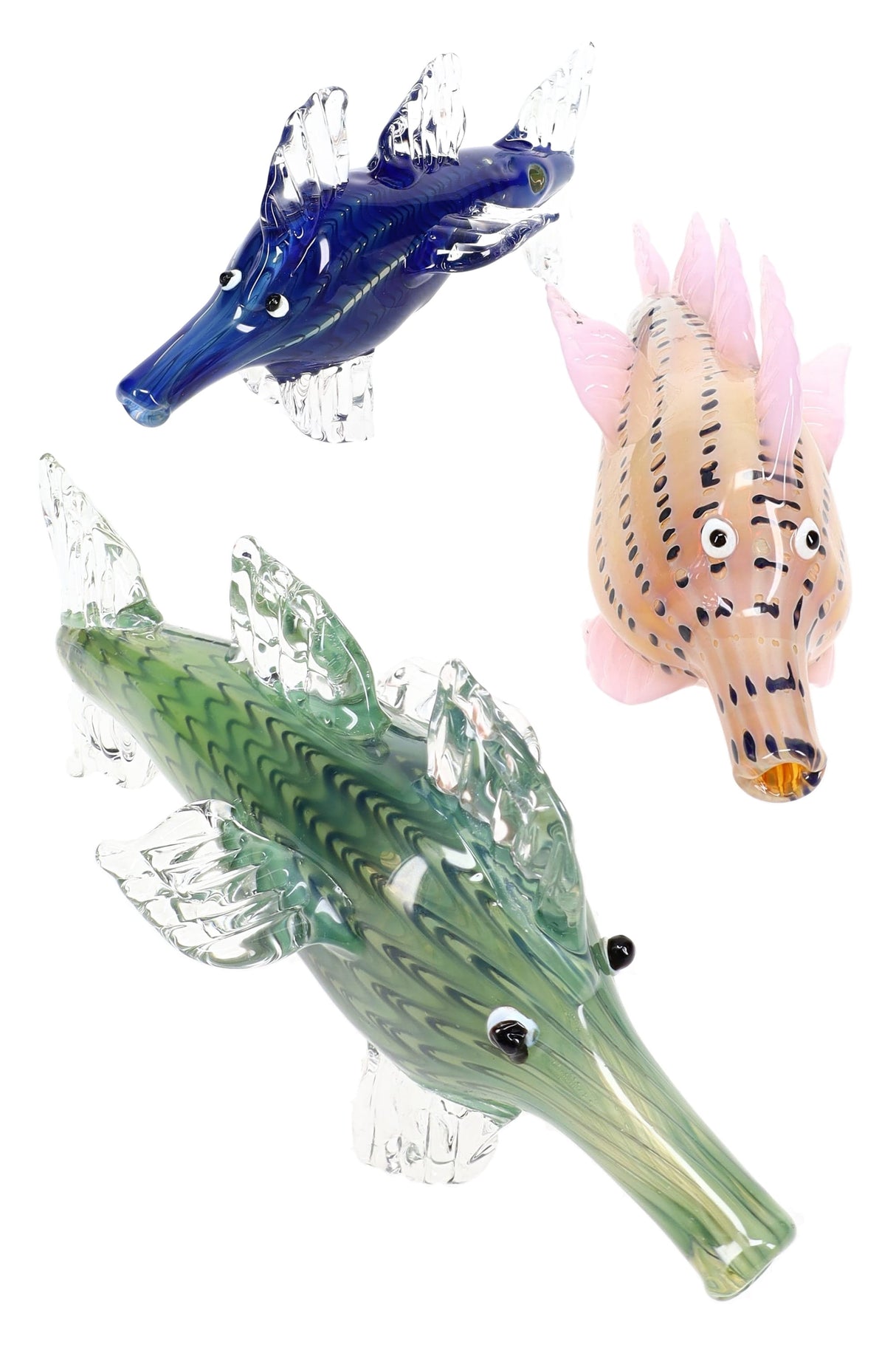 Trio of silver-fumed color-changing glass shark hand pipes with clear sculpted fins and long snouts — assorted colors.