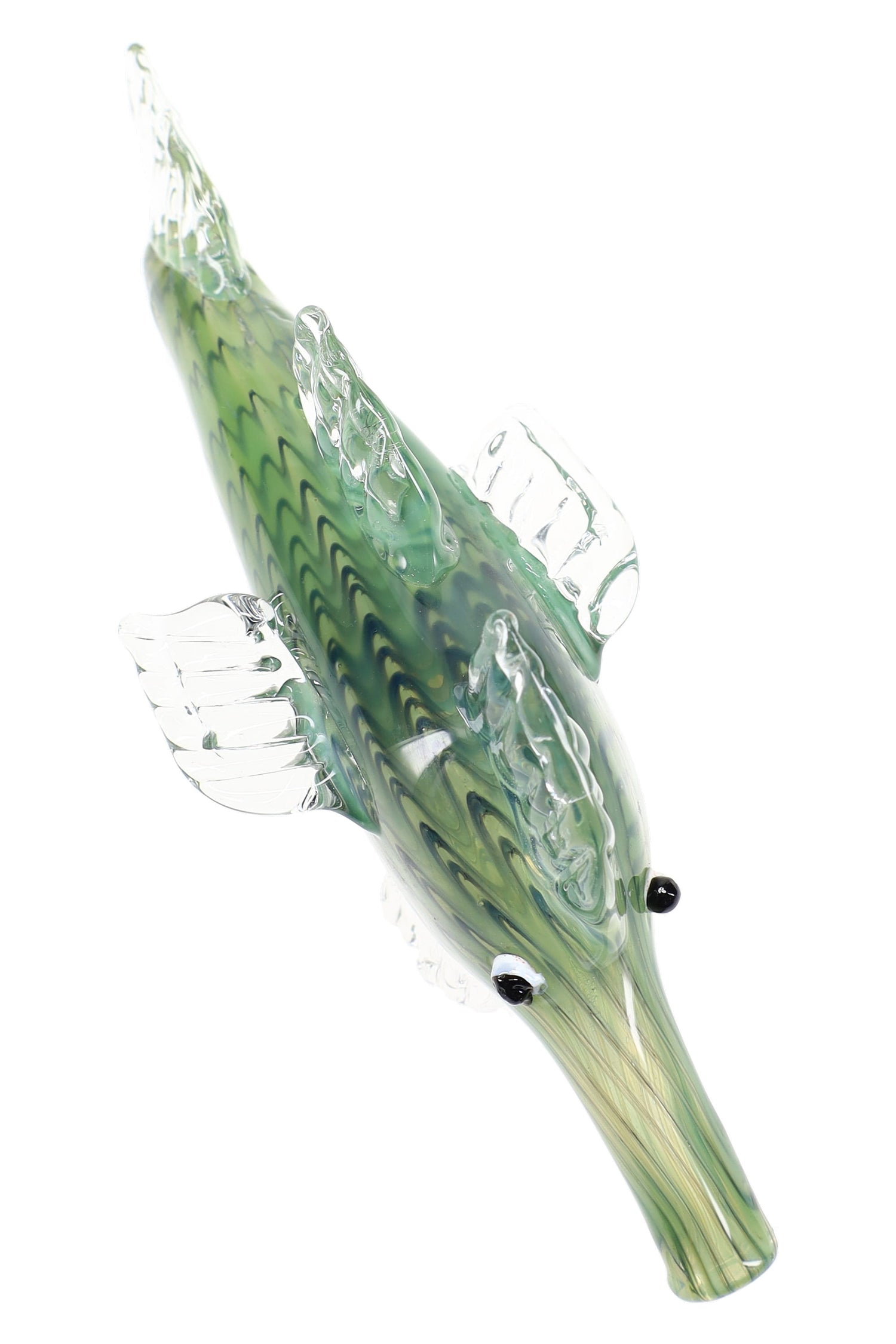 Green silver-fumed glass shark pipe showing clear dorsal and side fins, elongated snout mouthpiece, and color-changing finish.