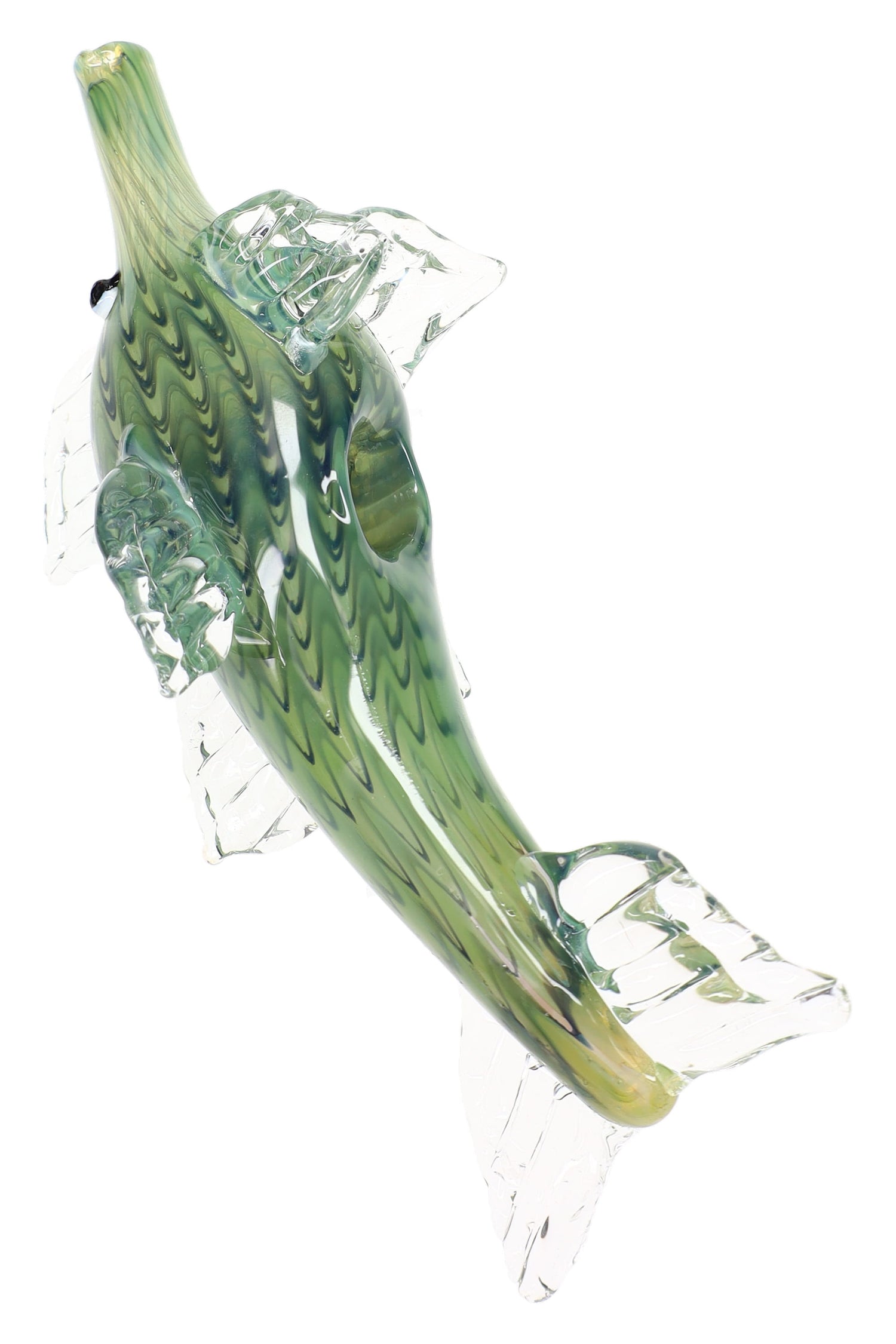 Rear angle of green color-changing glass shark hand pipe highlighting side carb, bowl placement, and clear tail and fins.