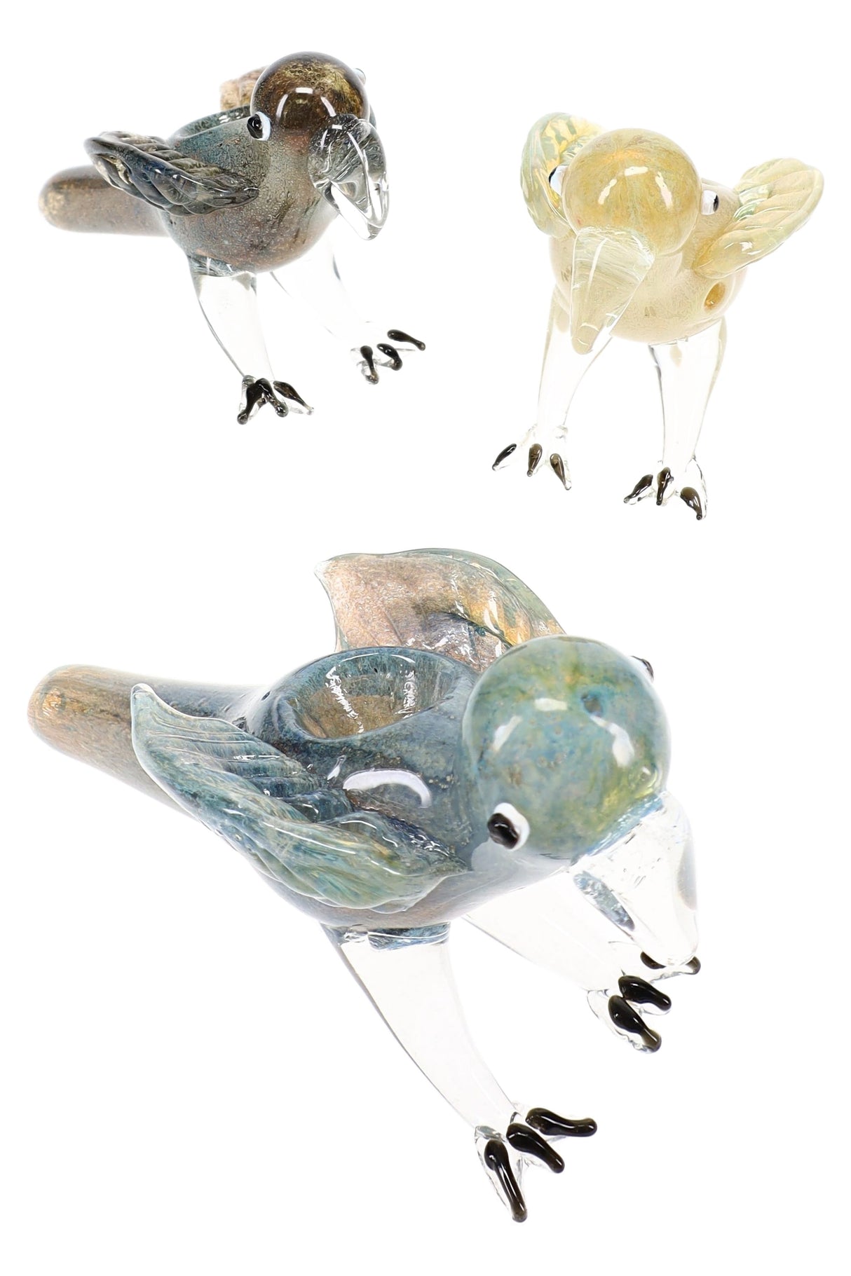 Silver-fumed color-changing glass bird hand pipe with sculpted wings, beak mouthpiece, and standing feet — assorted colors.