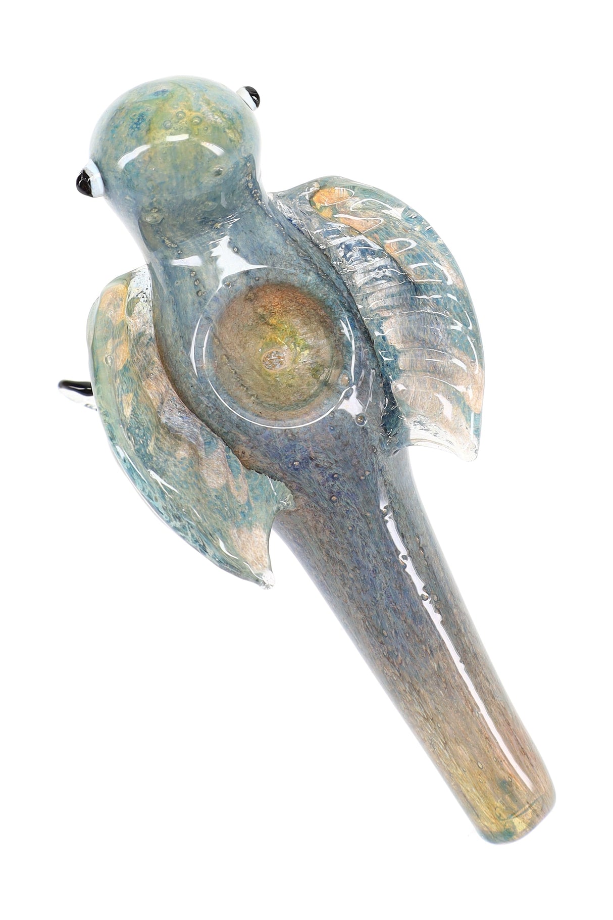Top view of silver-fumed glass bird pipe showing deep spoon bowl and iridescent wings; color-changing finish in earth tones.