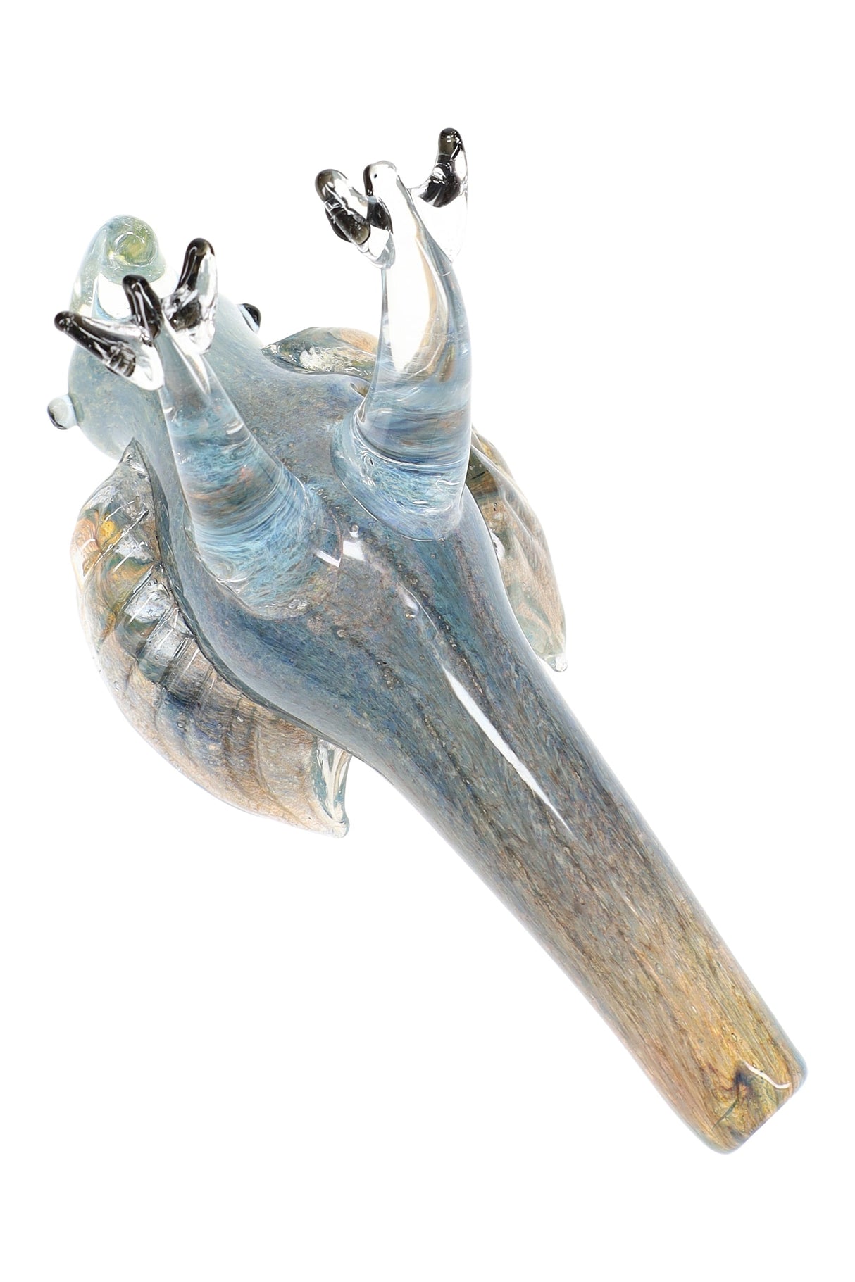 Underside of color-changing glass bird hand pipe highlighting clear standing legs, carb opening, and tapered beak mouthpiece.