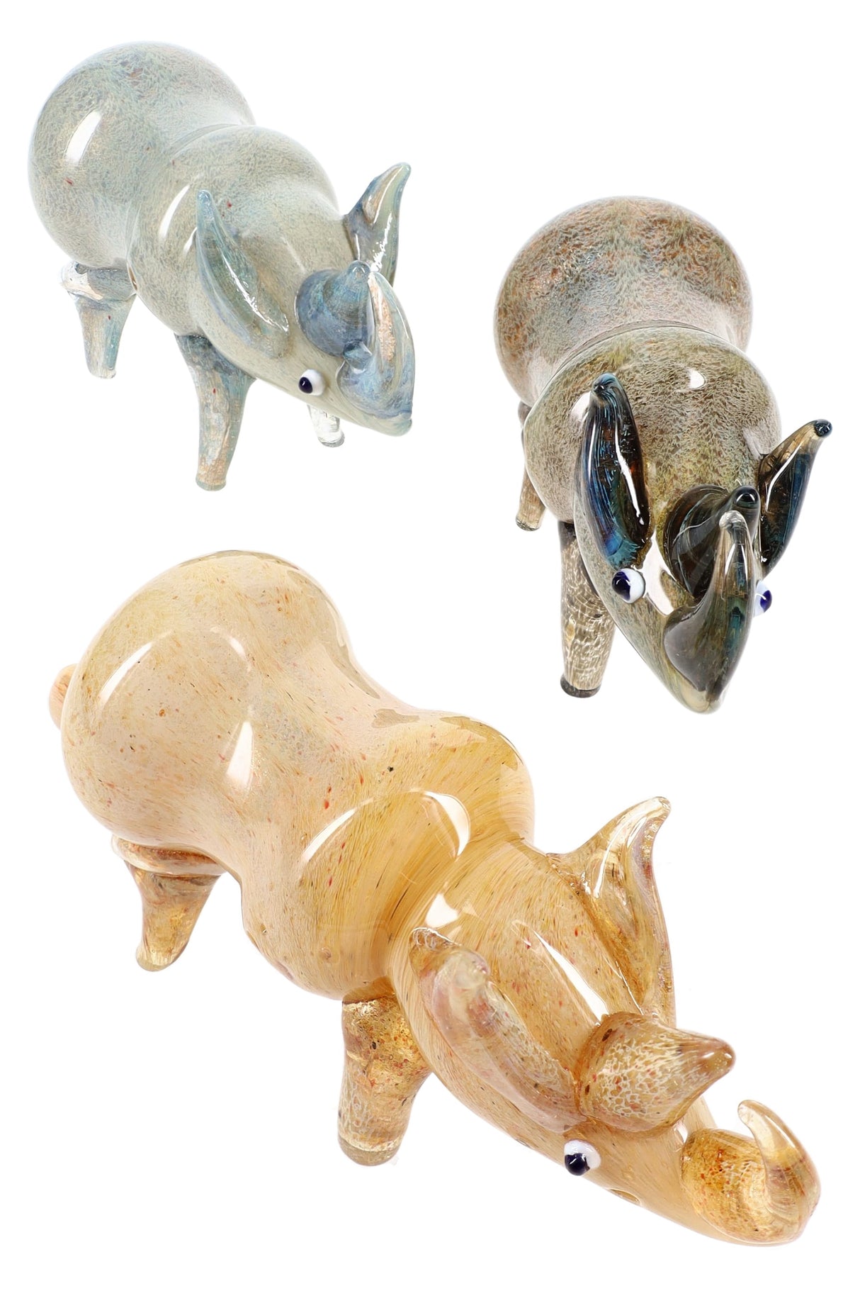Three silver-fumed, color-changing glass rhino hand pipes with deep bowls and side carbs; natural speckled tones; ships in assorted colors.