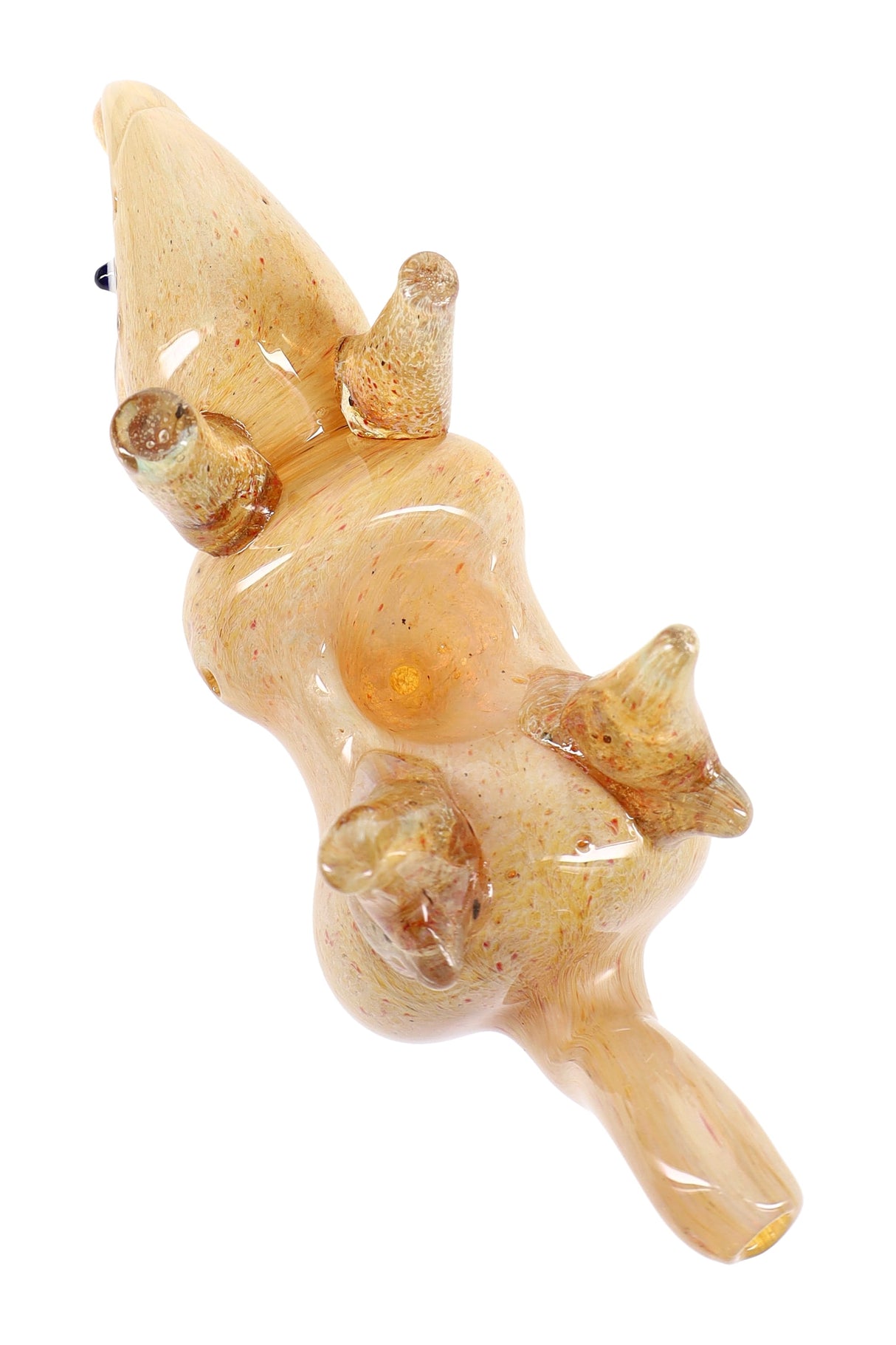 Underside view of silver-fumed glass rhino hand pipe showing deep bowl and stable four-leg base; color-changing finish.