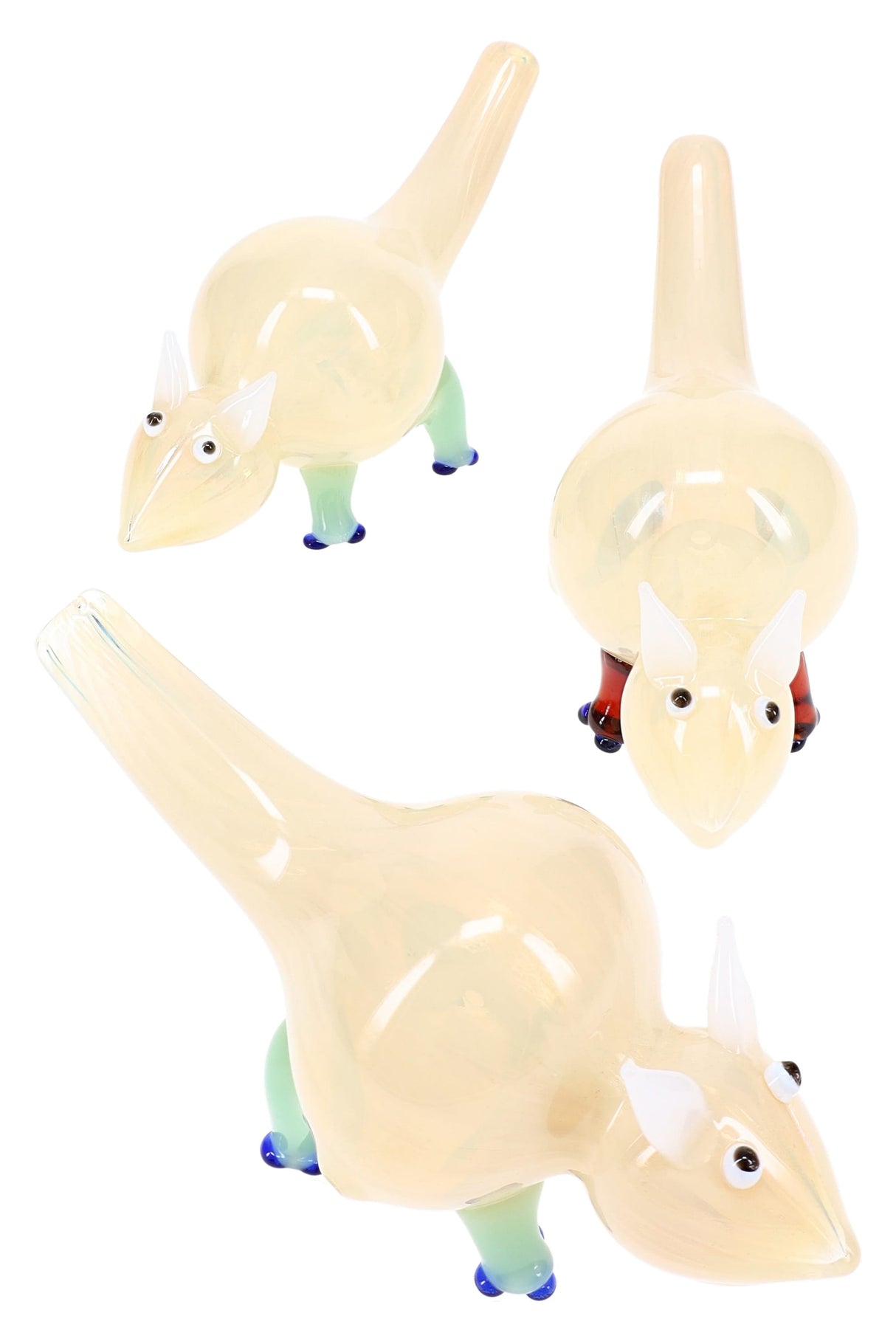 Silver-fumed color-changing glass critter hand pipe with long tail mouthpiece, white ears, and green legs with blue feet — assorted accents.