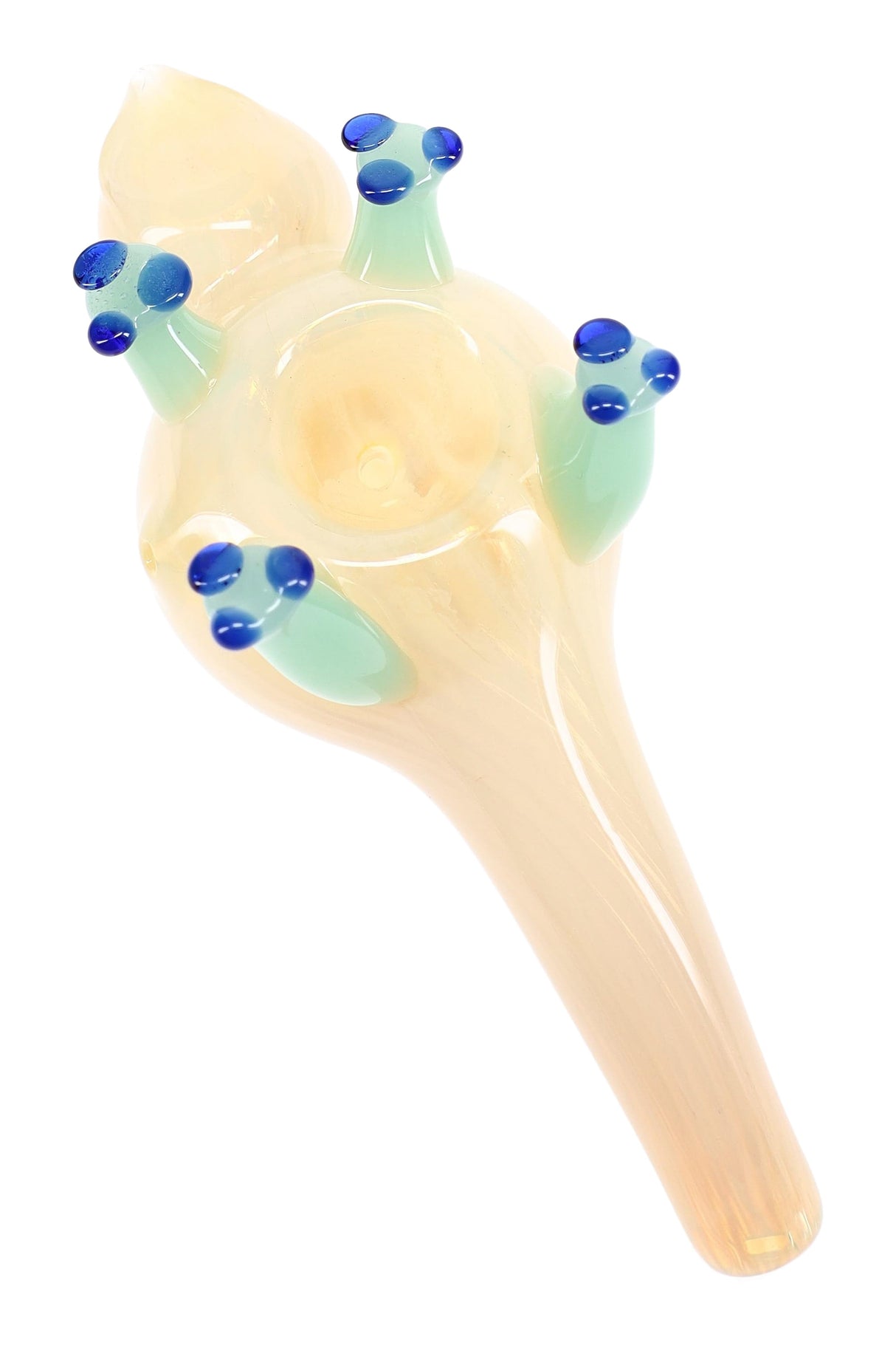 Underside view of silver-fumed glass critter pipe showing deep spoon bowl, side carb, and four standing legs with rounded feet.