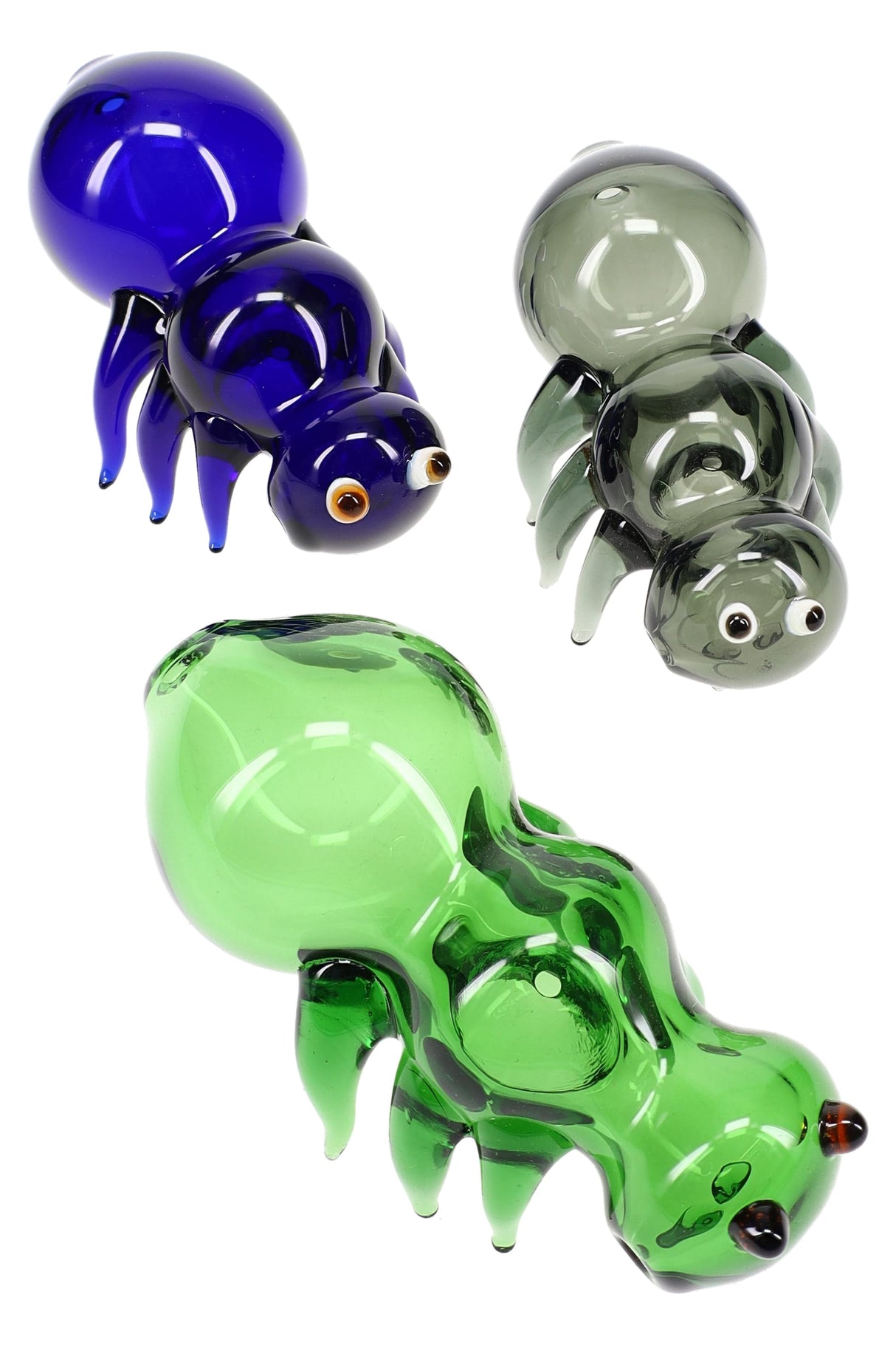 Trio of colored glass bug hand pipes—green, cobalt blue, and smoke gray—with rounded abdomens, sculpted legs, and cartoon eyes.