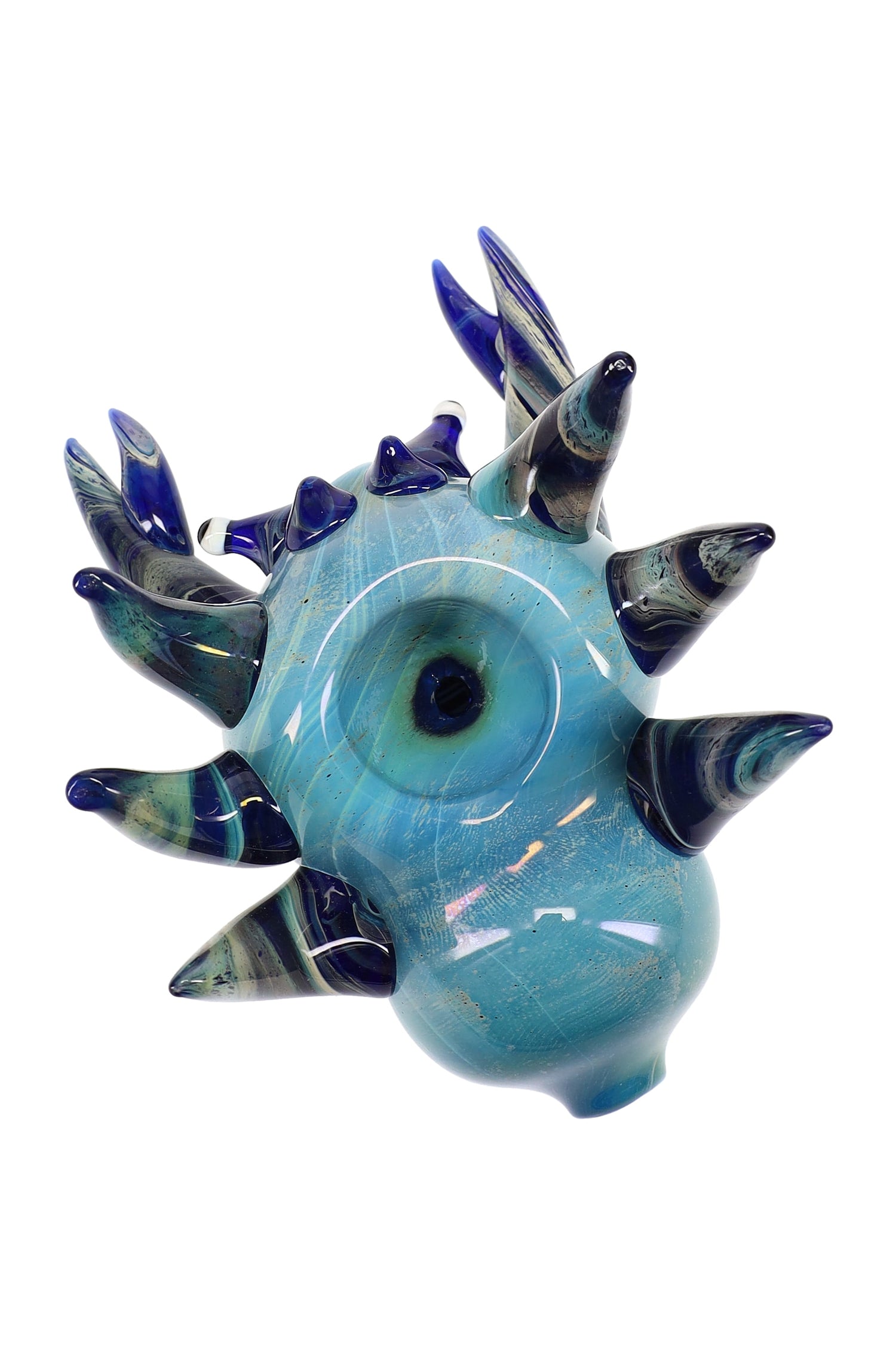 Top view of silver-fumed blue crab glass hand pipe showing deep, centered spoon bowl and detailed claw accents.