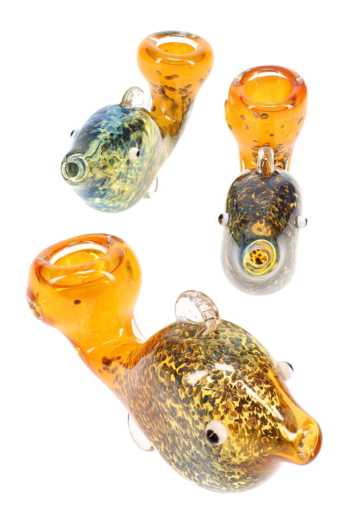 Gold-fumed frit glass fish hand pipe with amber neck, speckled body, clear fin details, deep spoon bowl and side carb — assorted colors.