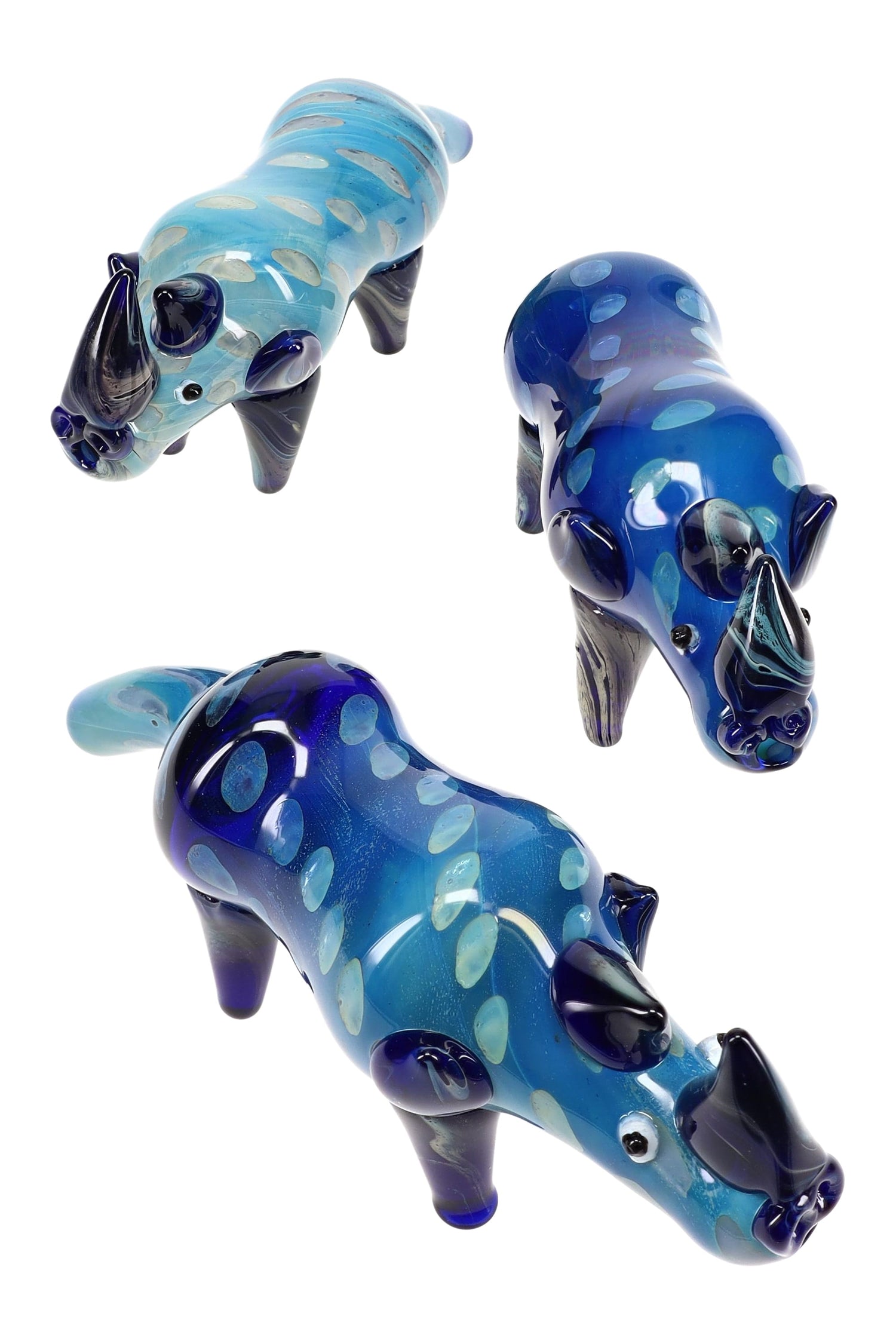 Silver-fumed bubble-dot glass rhino hand pipe with dual horns, deep spoon bowl, and standing legs for display—assorted colors.