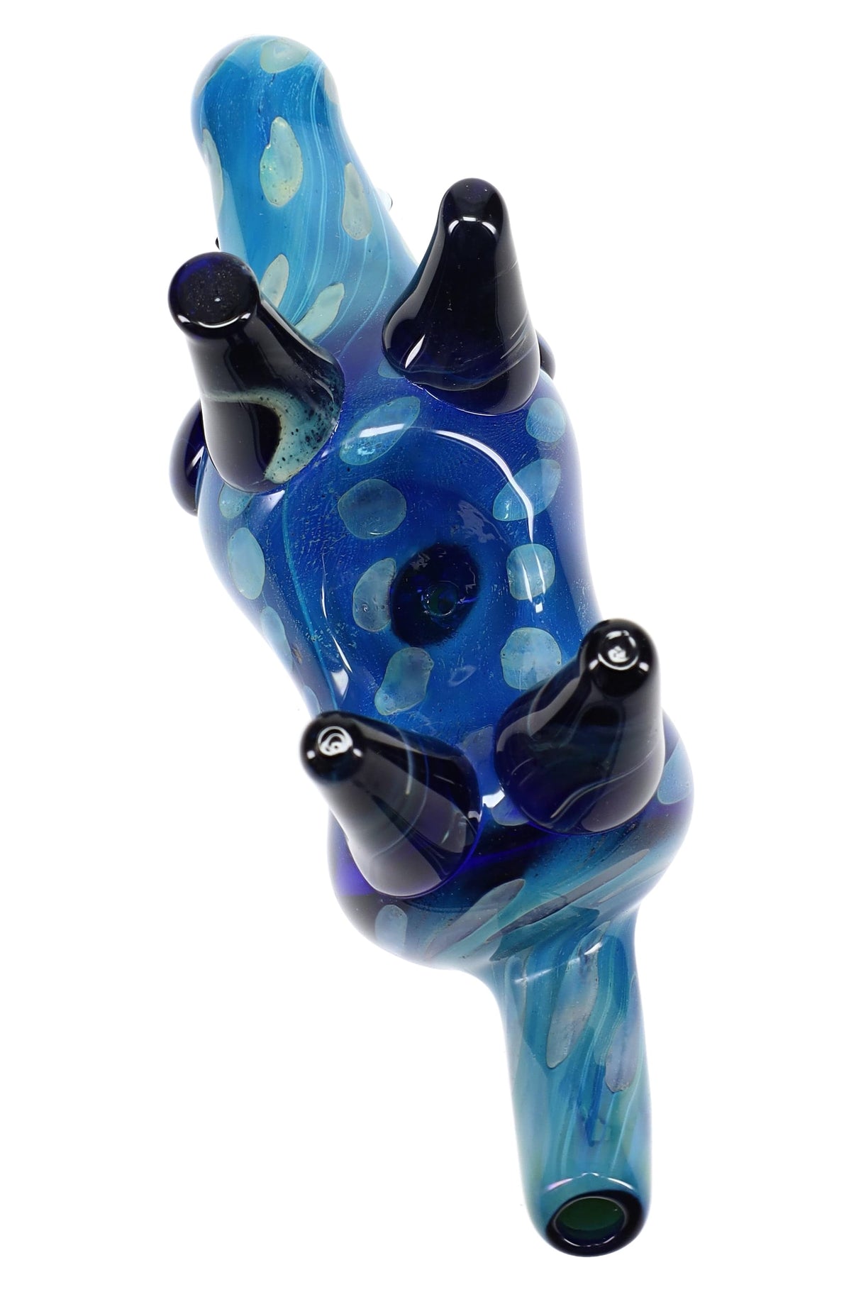 Underside view of blue rhino glass hand pipe showing top-mounted bowl, side carb, and sculpted horns and feet for tabletop stability.