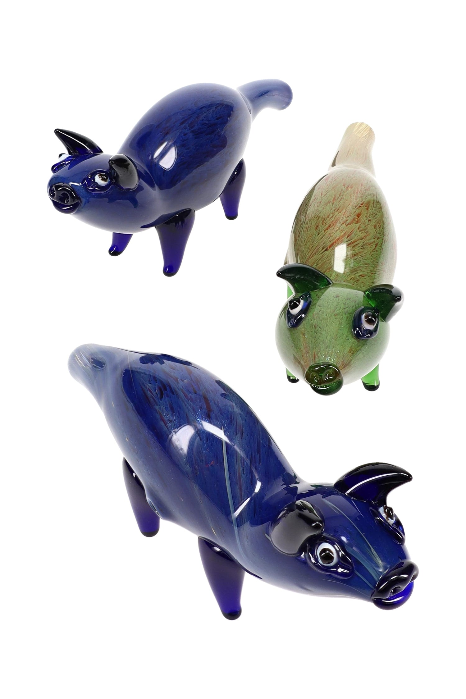 Silver-fumed glass pig hand pipe with top-mounted bowl, snout mouthpiece, and stable standing legs; glossy blue and green assorted colors.