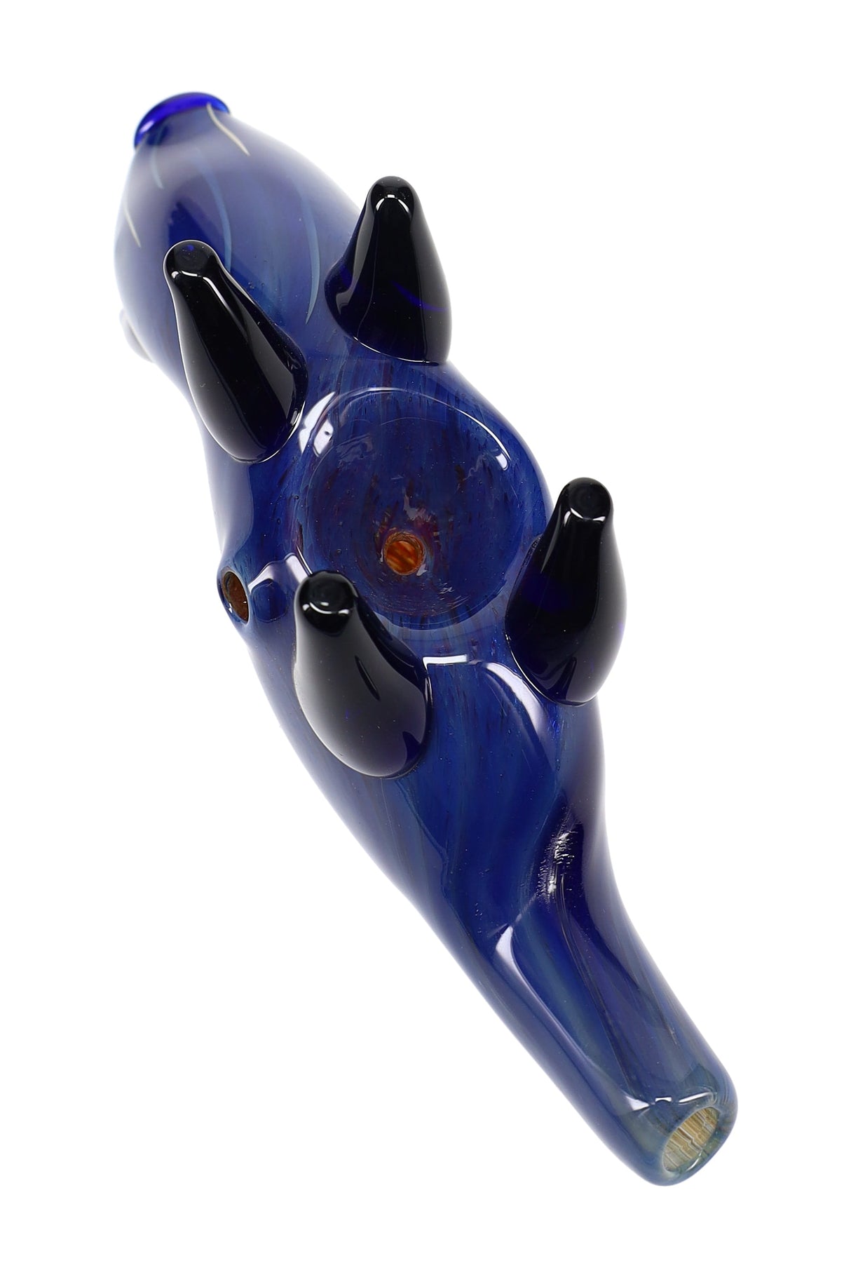 Underside view of blue pig glass hand pipe showing deep spoon bowl, side carb, and four raised legs for a secure tabletop rest.