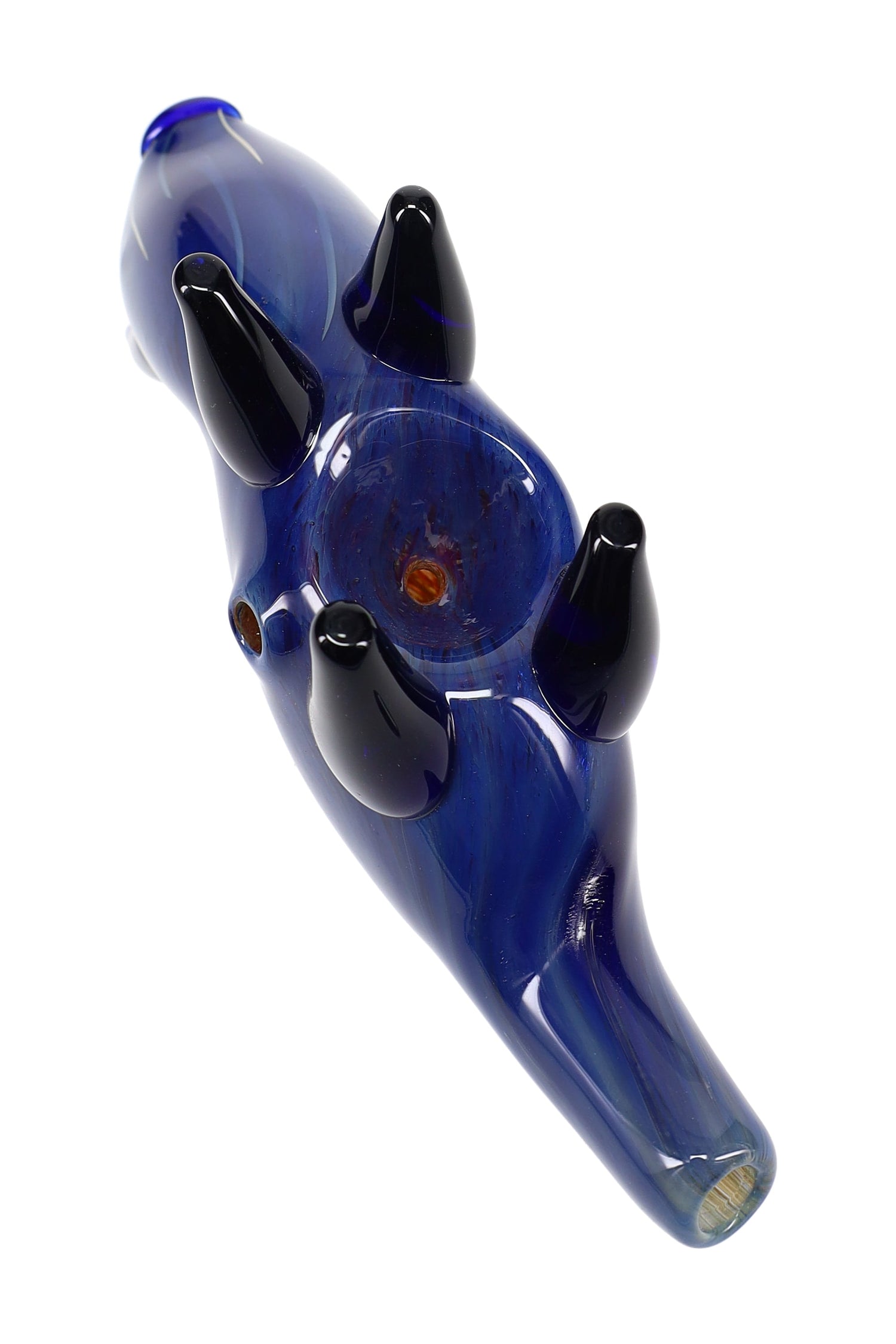 Underside view of blue pig glass hand pipe showing deep spoon bowl, side carb, and four raised legs for a secure tabletop rest.