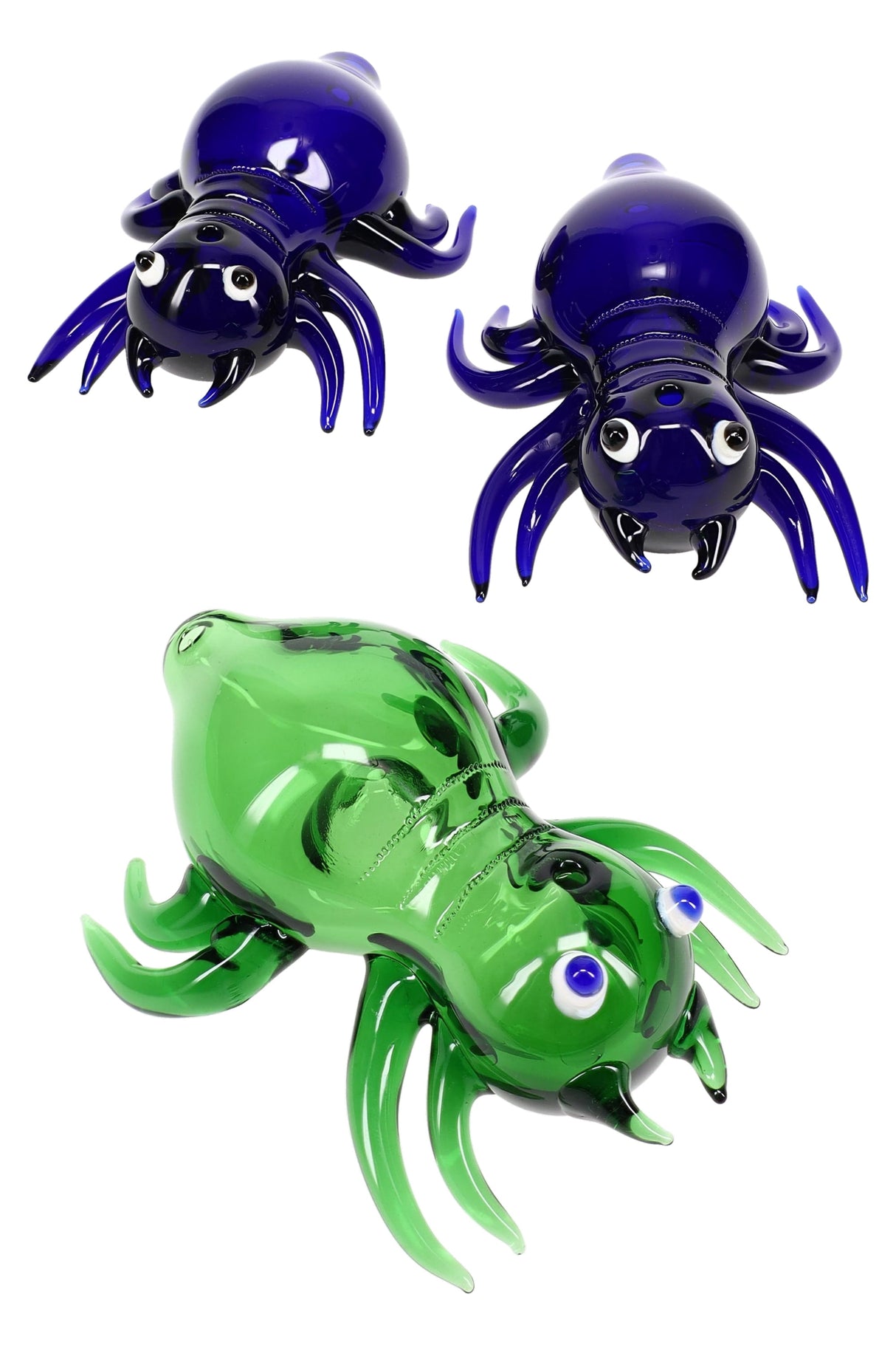 Trio of colored glass spider hand pipes in green and cobalt, with lifted legs, rounded bodies, deep bowl and carb—sold individually, assorted colors.