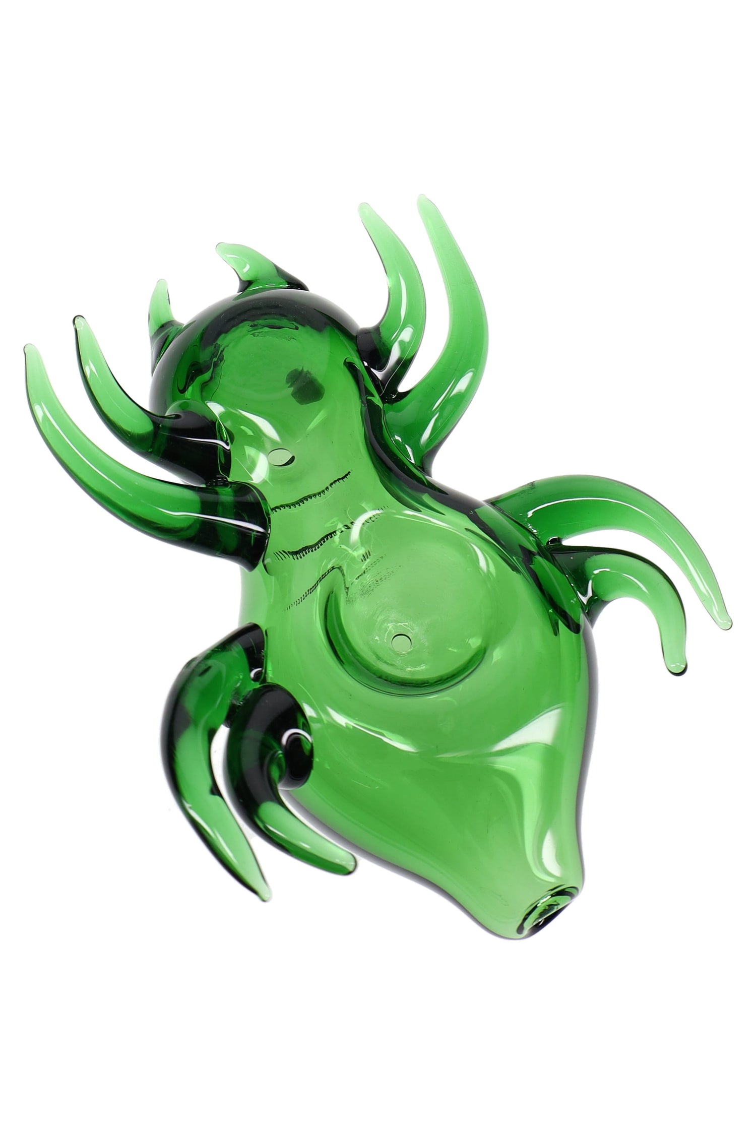 Underside view of green glass spider hand pipe showing top-mounted spoon bowl, carb hole, and raised legs that keep the piece stable on a tabletop.