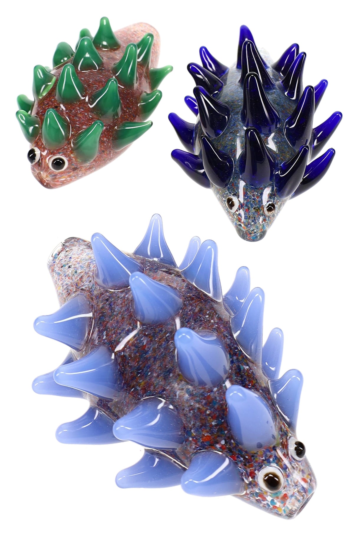 Confetti frit glass porcupine hand pipe with raised spikes, deep top bowl, and side carb; multicolor body under clear glass—sold individually.