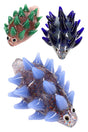 Confetti frit glass porcupine hand pipe with raised spikes, deep top bowl, and side carb; multicolor body under clear glass—sold individually.