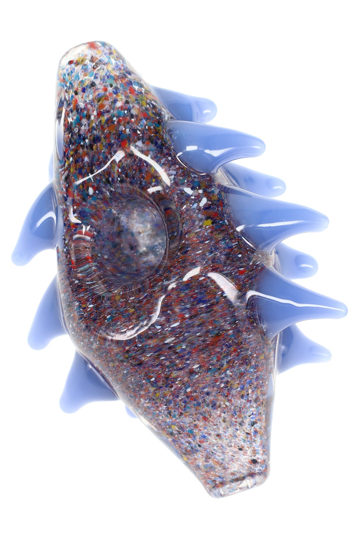 Underside view of porcupine glass hand pipe showing recessed spoon bowl, carb hole, and textured frit pattern with glossy spikes.