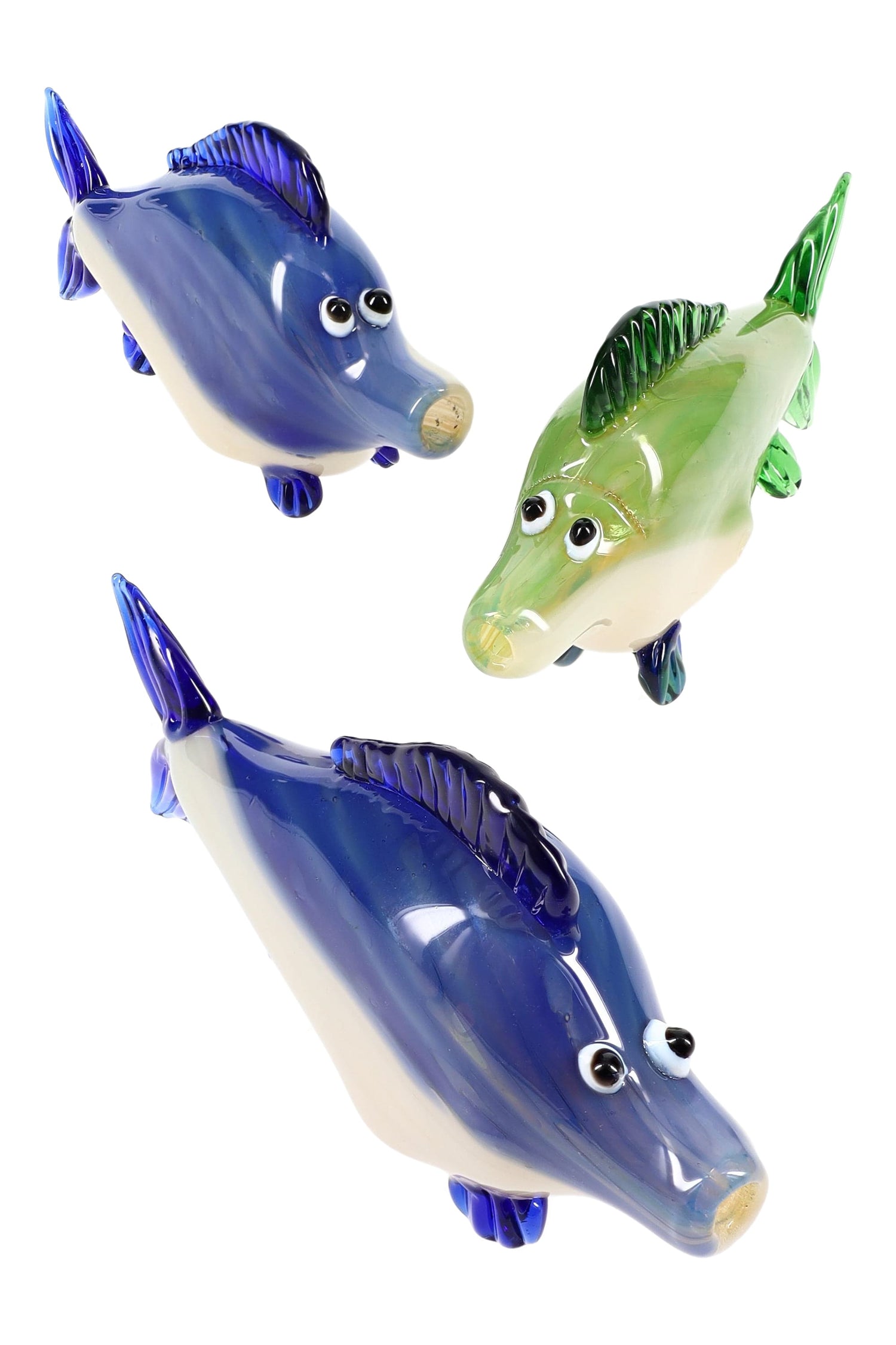 Blue and green silver-fumed glass fish hand pipe with large bowl and side carb; sculpted fins act as feet; colors vary and ship assorted.