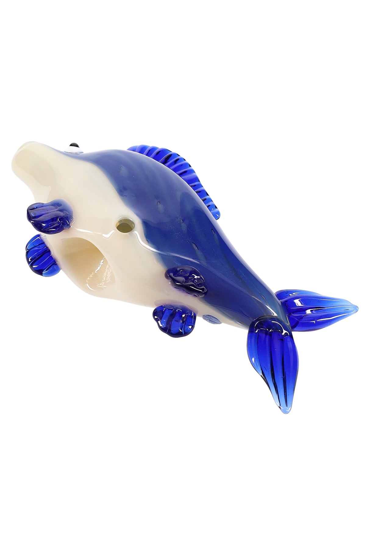Underside view of silver-fumed blue glass fish pipe showing carb hole and mouth opening; glossy finish with raised fins.