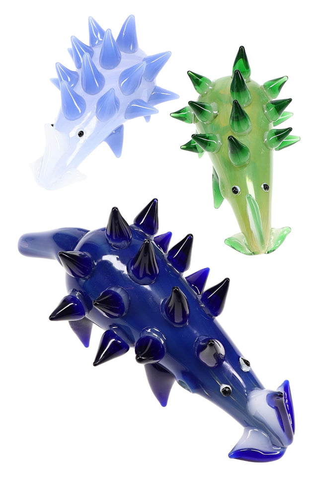 Silver-fumed porcupine glass hand pipe with raised spikes in blue/green assorted colors; animal-themed novelty bowl with side carb.
