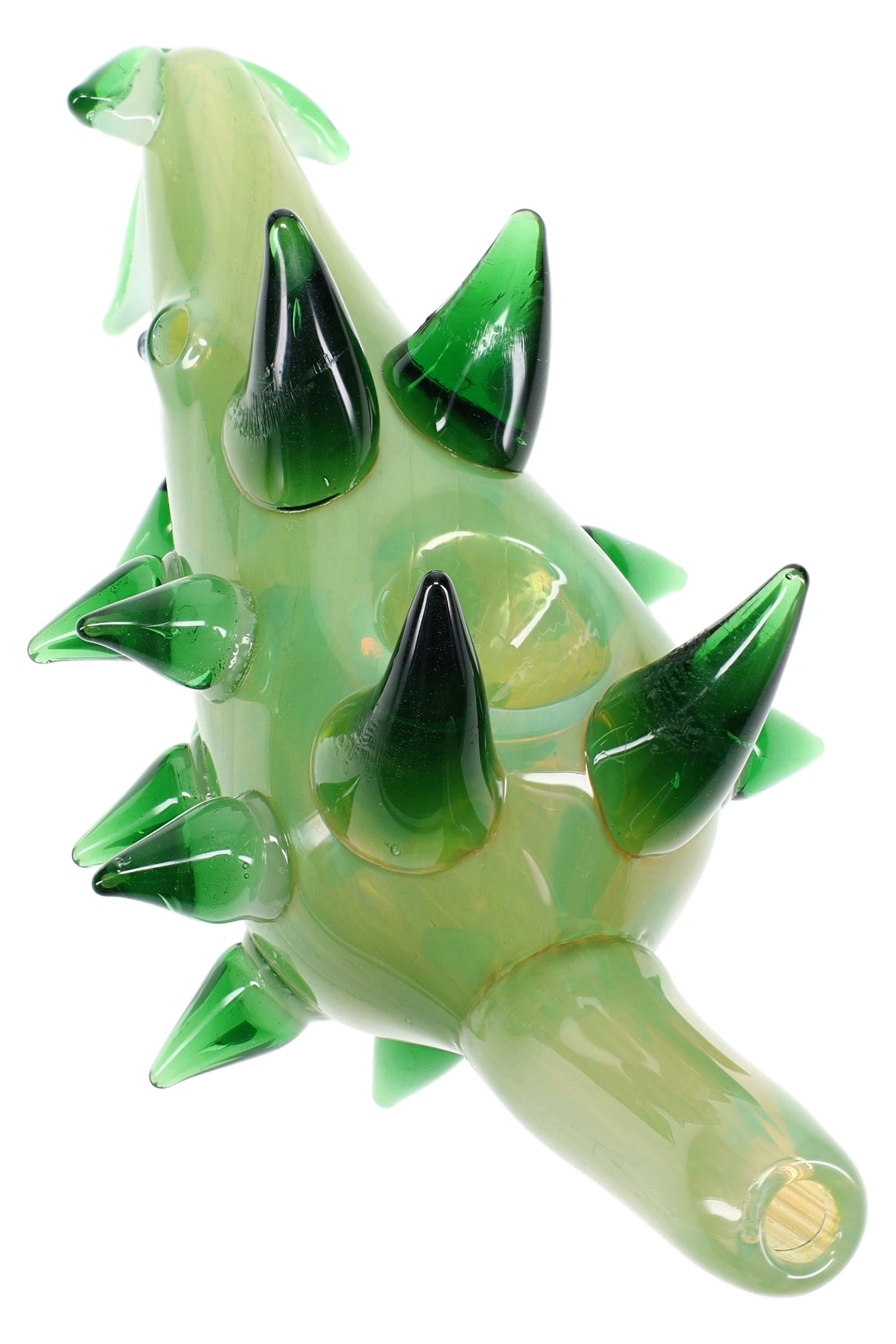 Close-up green silver-fumed porcupine glass hand pipe showing spiked knobs and side bowl; color-changing finish, playful animal design.