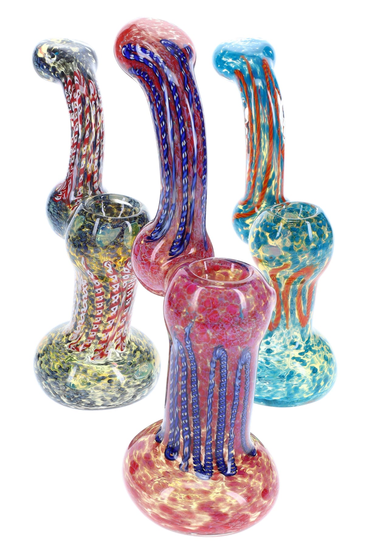 Large silver-fumed frit glass sherlock bubbler with curved neck, round water chamber, and side carb in assorted multicolor patterns.