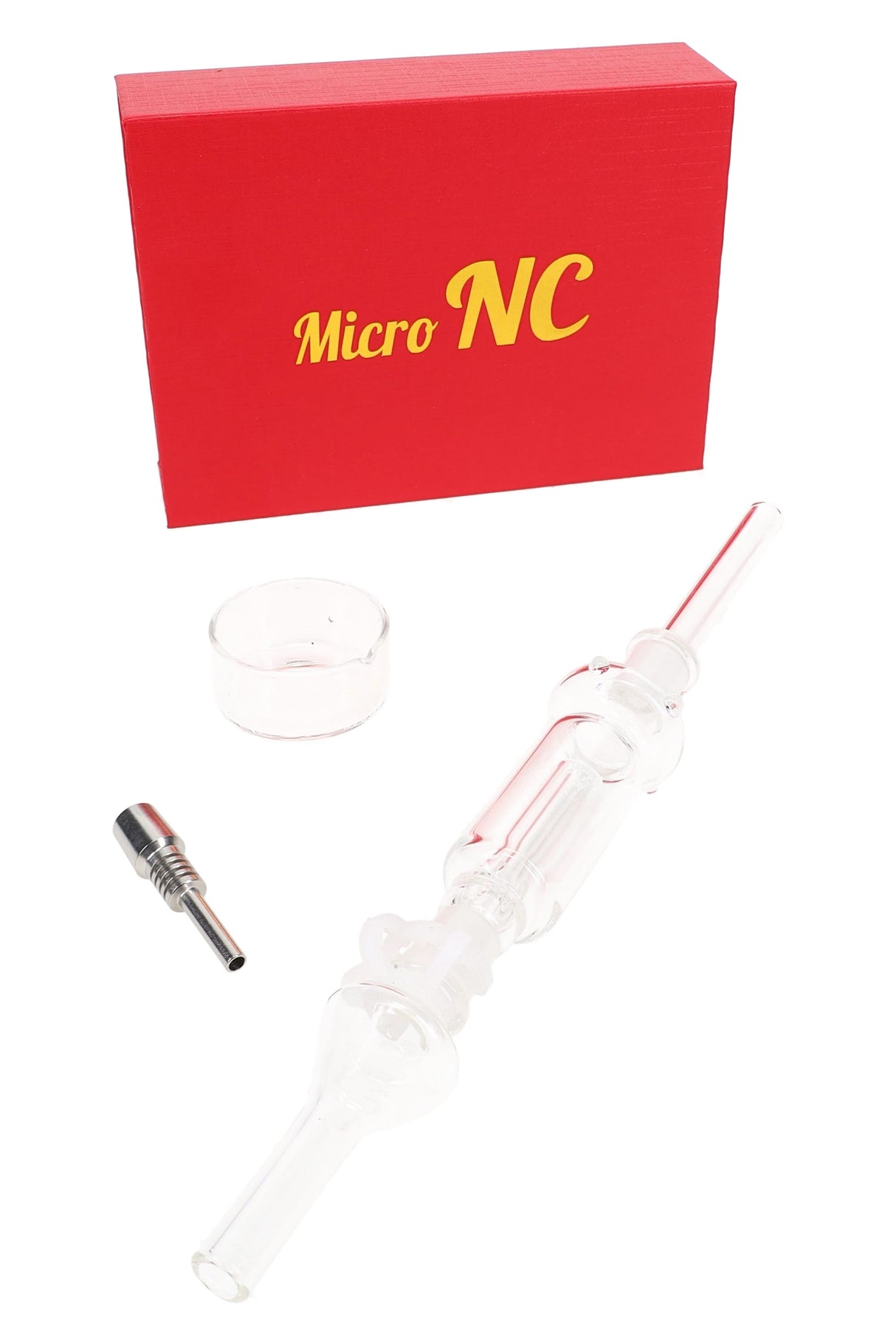 Red “Micro NC” box holding mini 10 mm dab straw kit with titanium and quartz tips, display-ready packaging