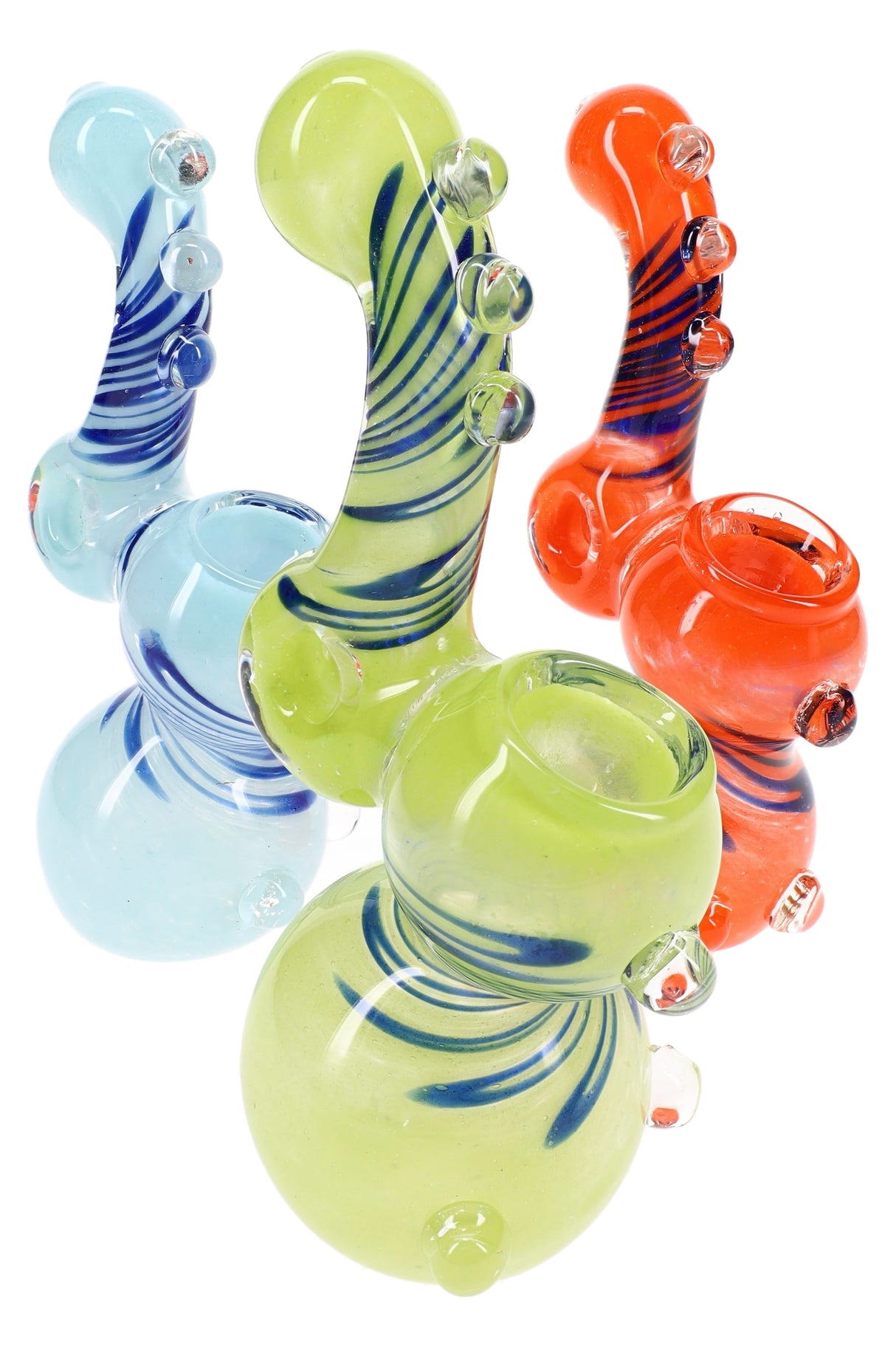 Three 5½″ donut hole frit Sherlock bubblers in blue, green, and orange assorted colors shown together