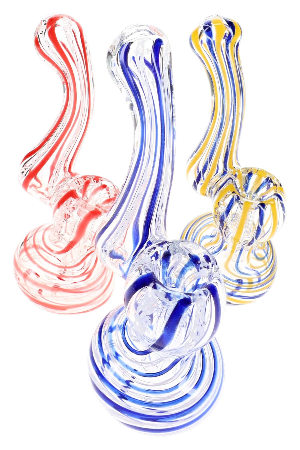 Assorted mini glass Sherlock bubblers with red, blue, and yellow stripes on clear curved bodies
