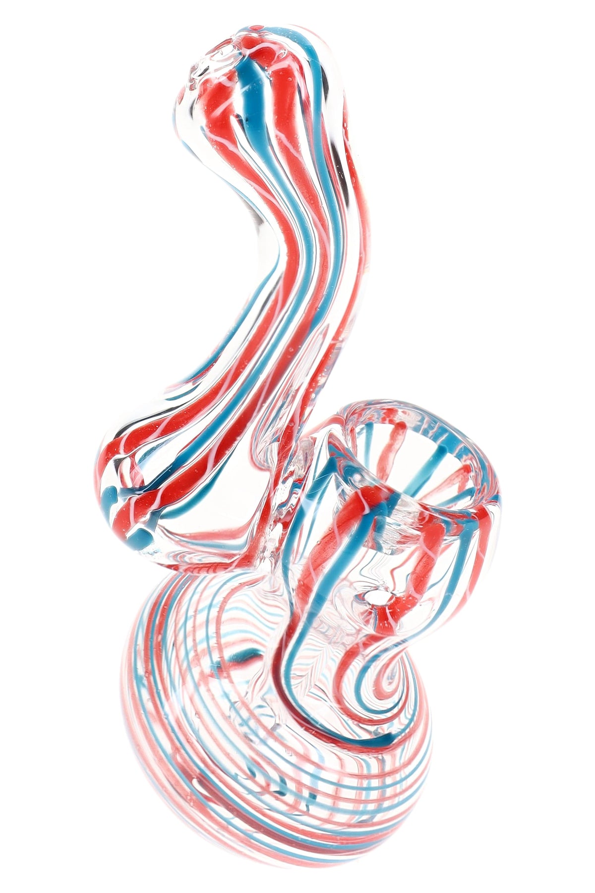 Clear striped glass Sherlock bubbler with red and blue ribbon lines, round base, bowl, and side carb