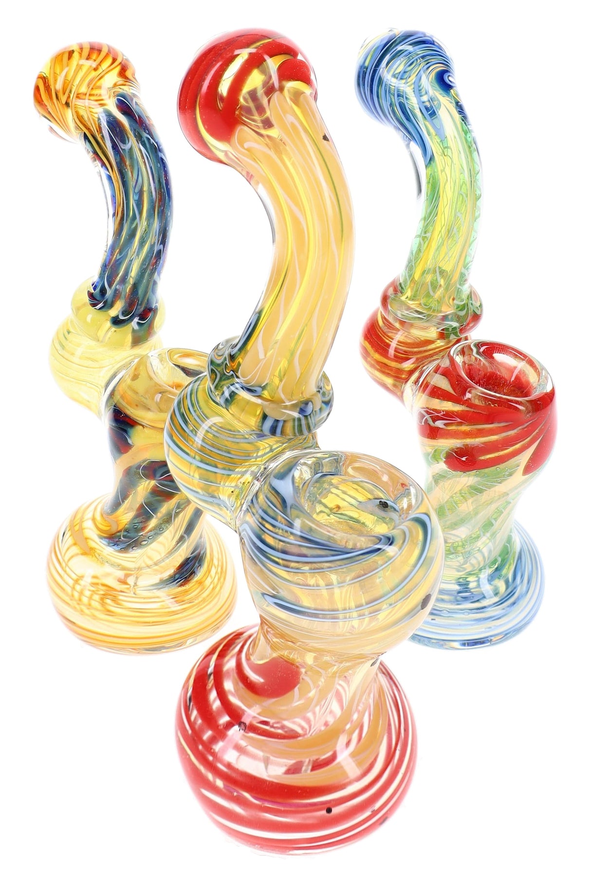 Assorted 5½″ color-changing glass Sherlock bubblers with multicolor stripe accents and curved bodies
