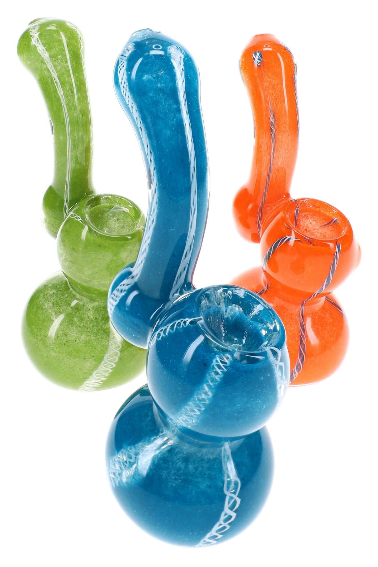 Assorted 5″ frit striped Sherlock glass bubblers in multiple colorful finishes with curved necks