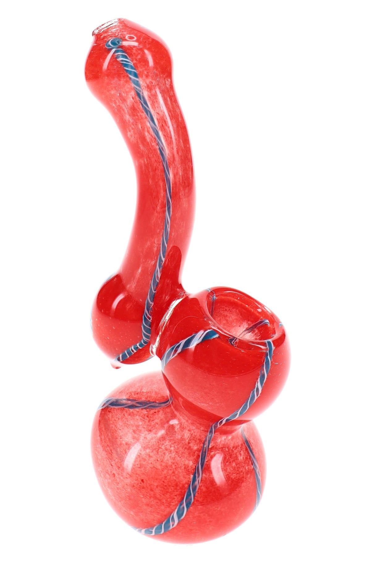 Red 5″ frit striped Sherlock glass bubbler with curved neck, rounded bowl, and colorful accents