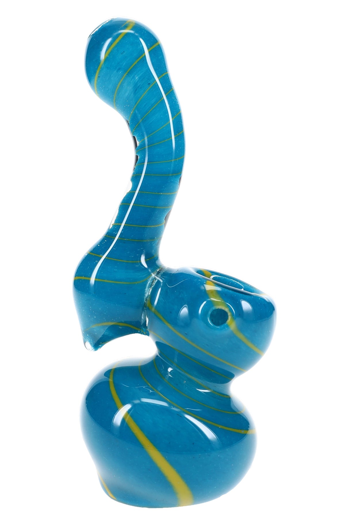 Blue sherlock glass bubbler with yellow spiral line accents, rounded base, and side carb in a compact style