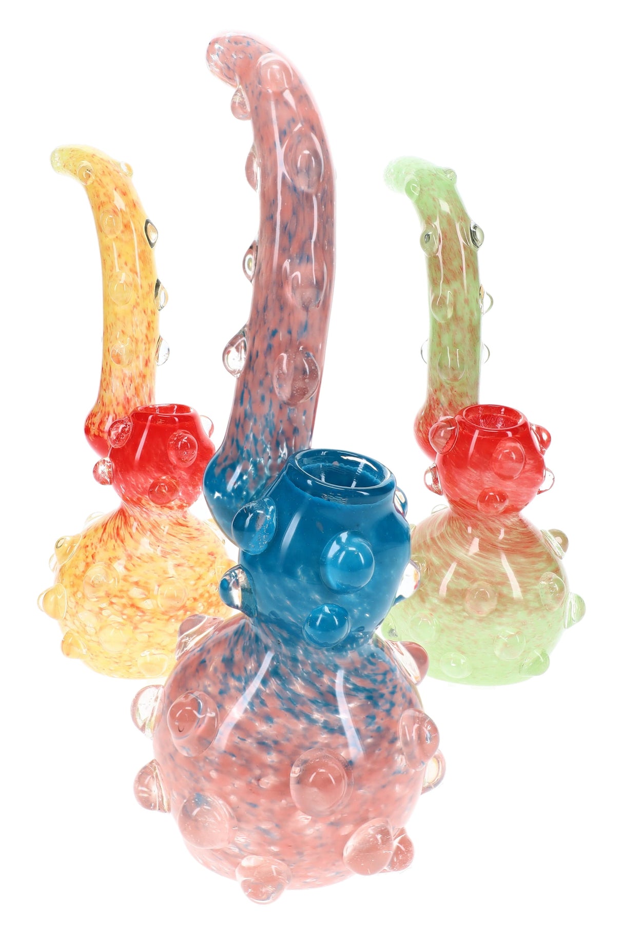 Assorted 9″ thick frit Sherlock glass bubblers with curved necks and colorful marble accents