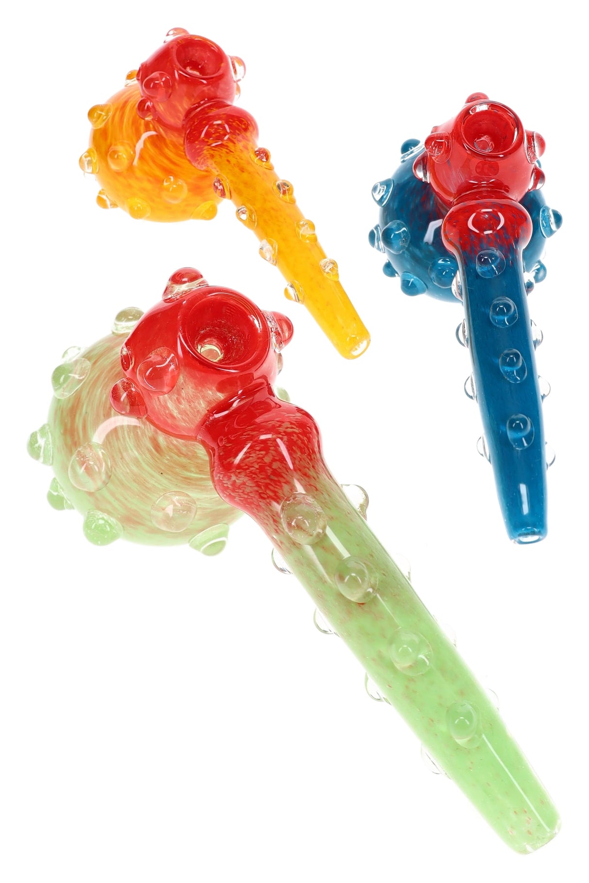 Three 8½″ colorful frit glass hammer bubblers with raised clear marbles and long mouthpieces