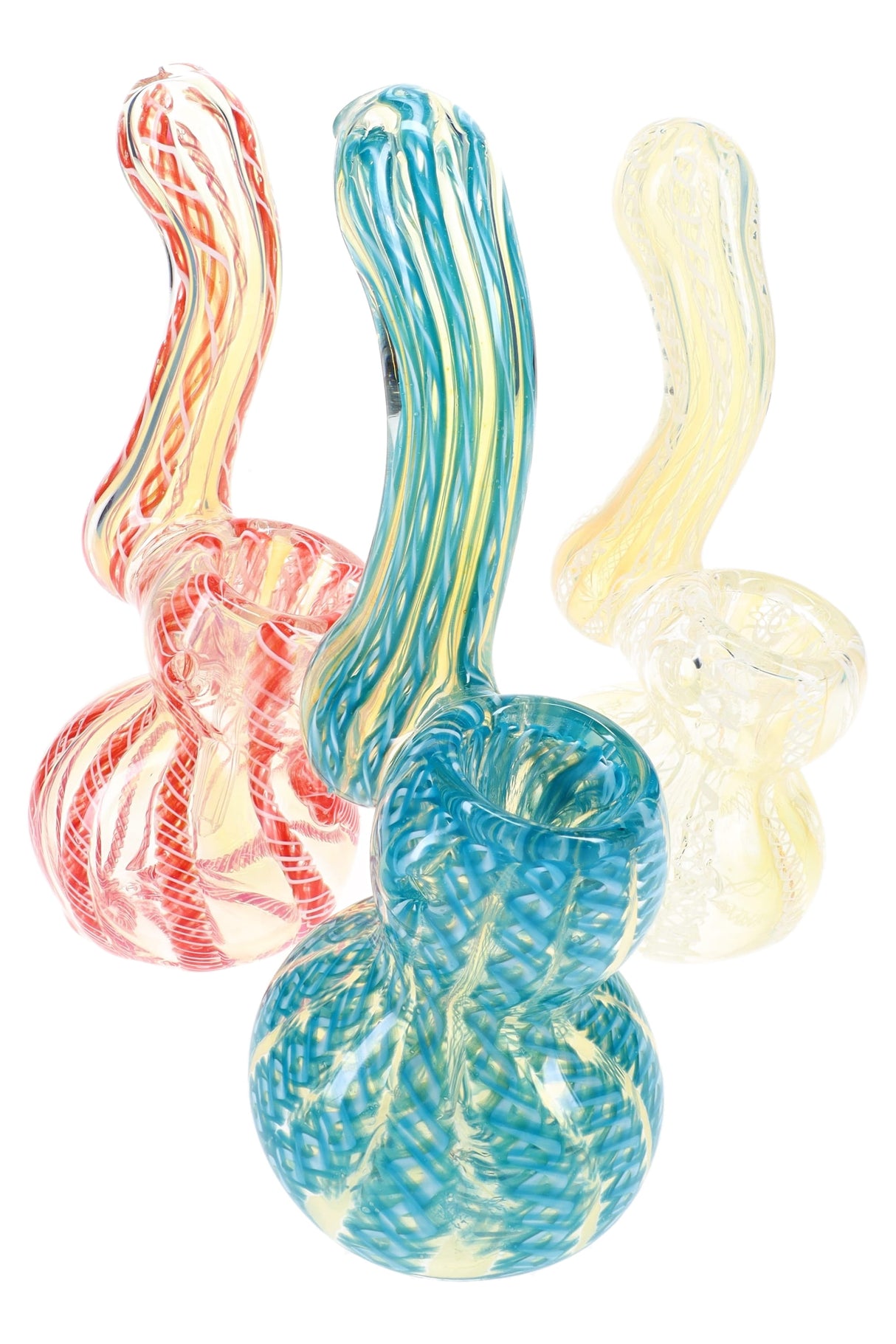 Assorted 5½″ color-changing striped glass bubbler set in red, teal-blue, and pale yellow colorways