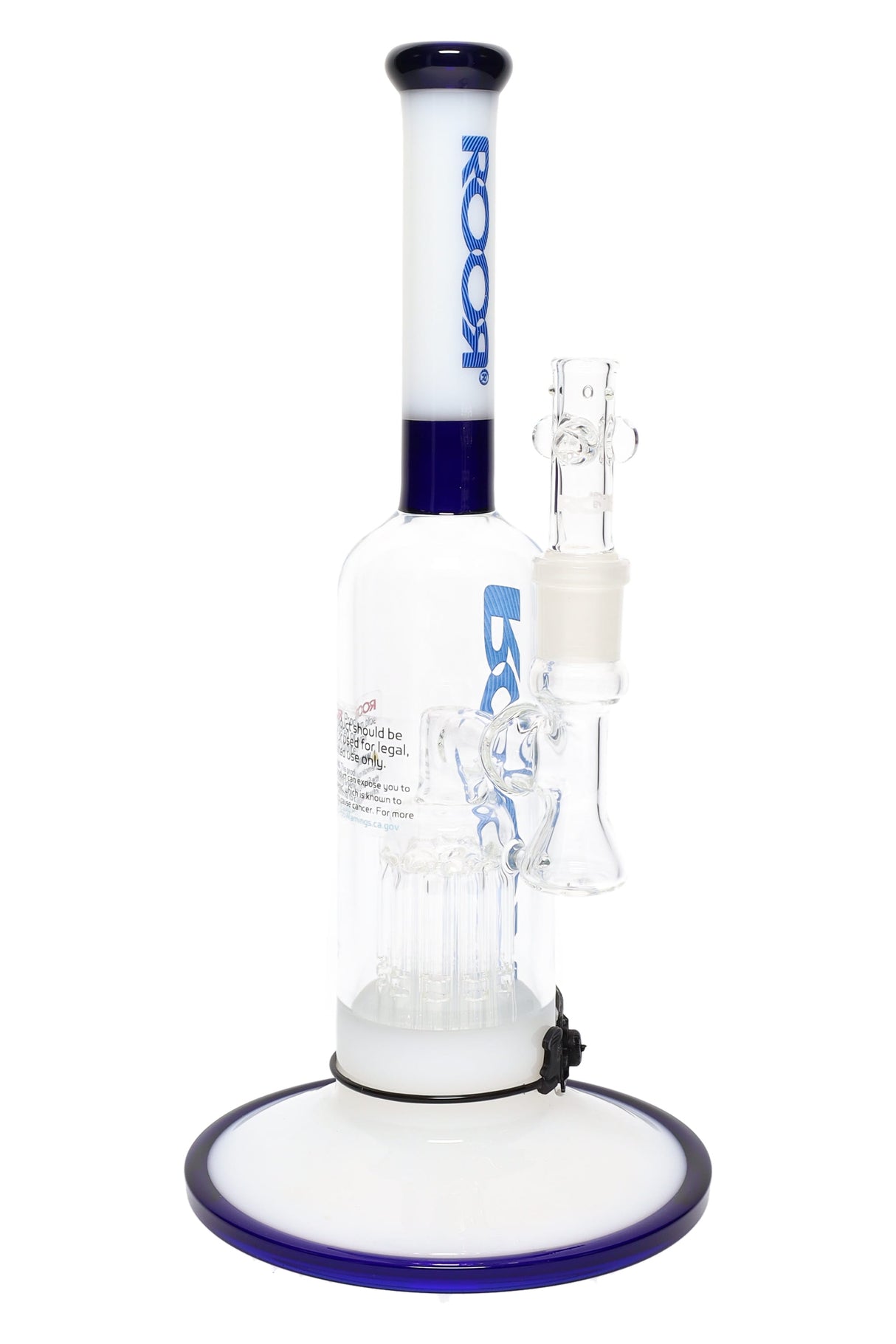 RooR Tech 12″ multicolor bubbler water pipe with ten-arm tree perc and debris catcher, white-and-blue accents, 18.8 mm female joint.