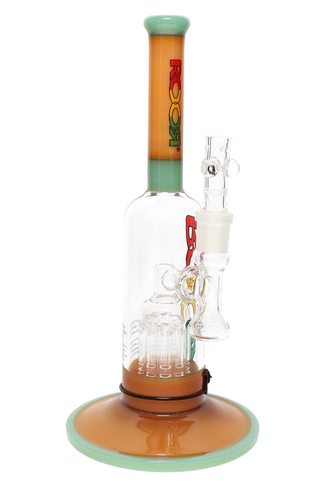 RooR Tech 12″ multicolor bubbler water pipe, tangie and mint accents, wide stable base, tree perc plus debris catcher, 18.8 mm joint.