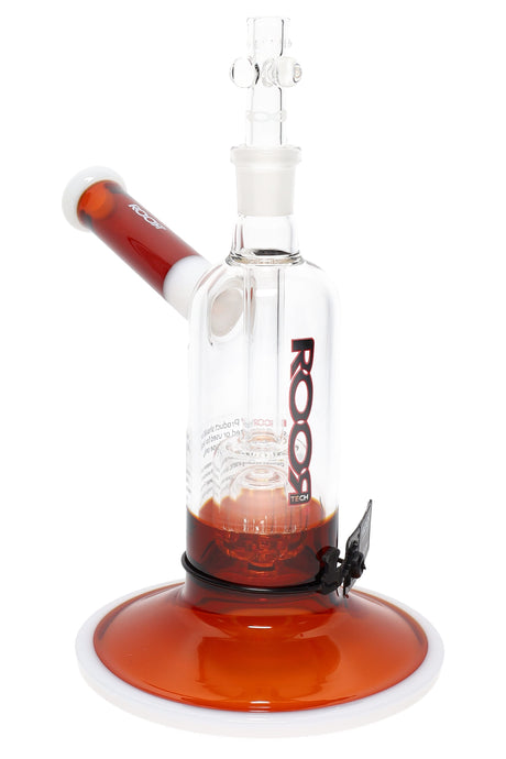 7.5″ RooR Tech glass bubbler with barrel perc, amber-and-white tube and wide amber base, 18.8 mm female joint.