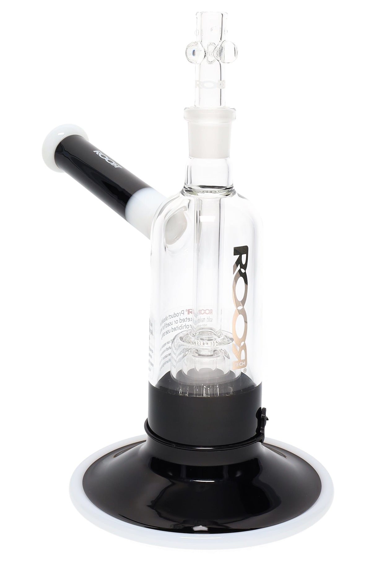 7.5″ RooR Tech multicolor bubbler, black-and-white tube, wide black base, stemless barrel percolator.