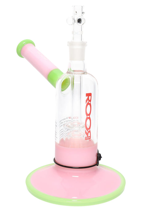 7.5″ RooR Tech bubbler with pink tube, mint accents, wide pink base, clear chamber and barrel perc.
