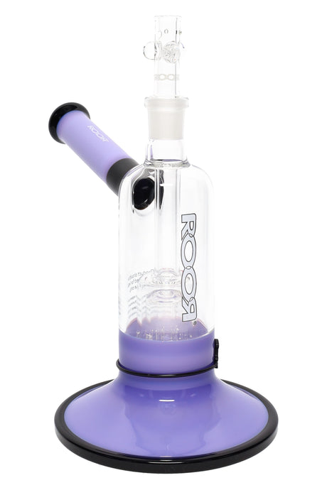 7.5″ RooR Tech glass bubbler, purple tube with black accents, wide purple base, stemless barrel perc.