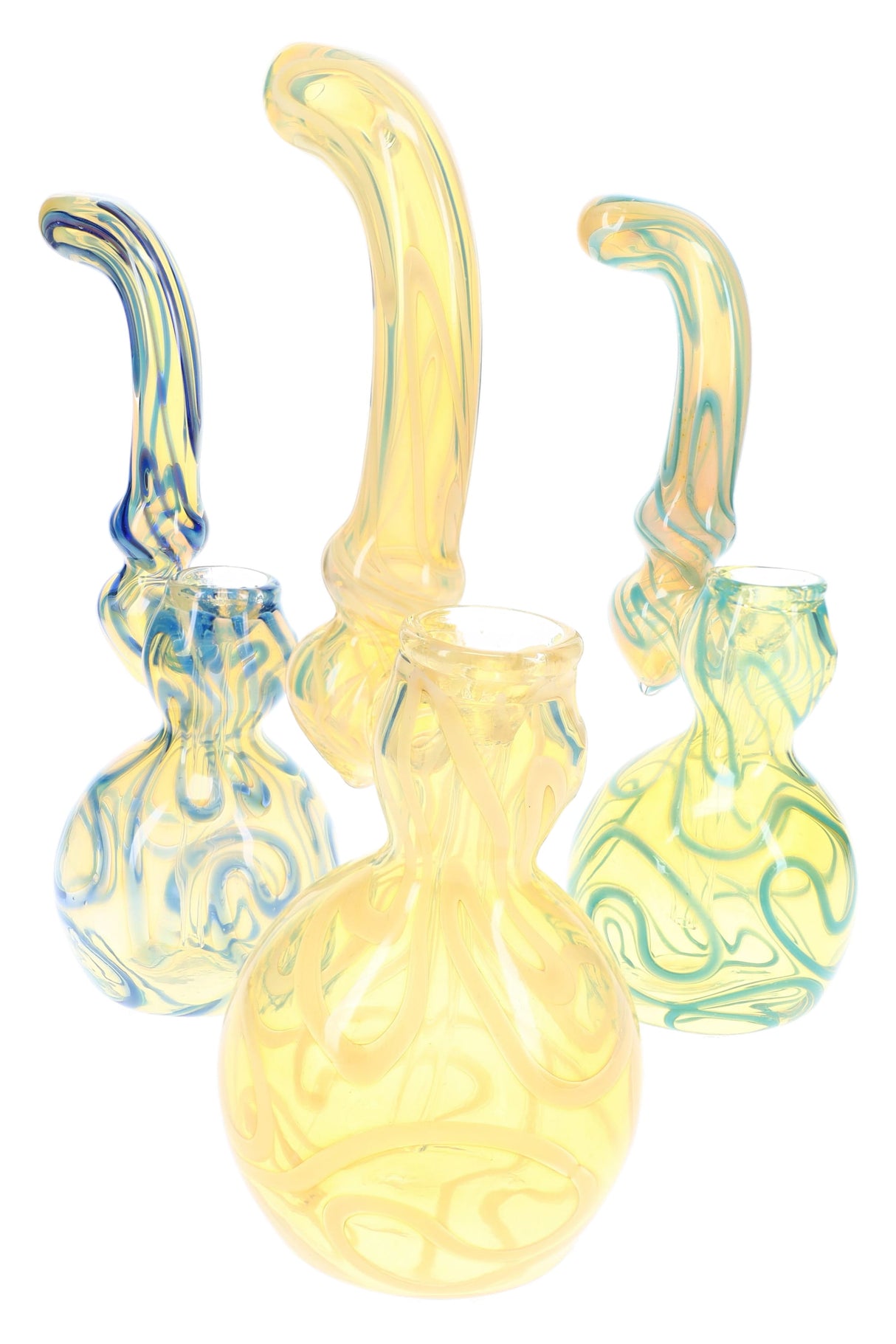 Assorted 7″ color-changing glass bubblers with curved Sherlock shape and striped accents