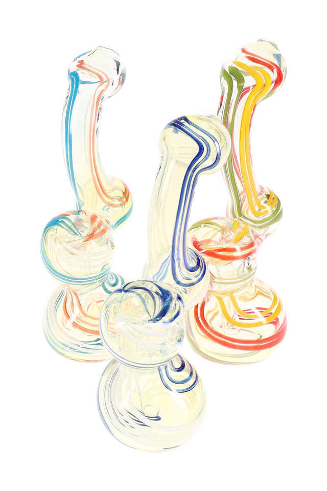 4-inch silver-fumed sherlock bubbler with multicolor red, yellow, and teal swirl stripes and built-in water chamber, angled on white background