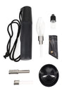 Compact glass bulb dab straw kit with screw-on quartz, metal, and ceramic tips, plastic vial, and silicone tray with glass lid; 5-inch size.