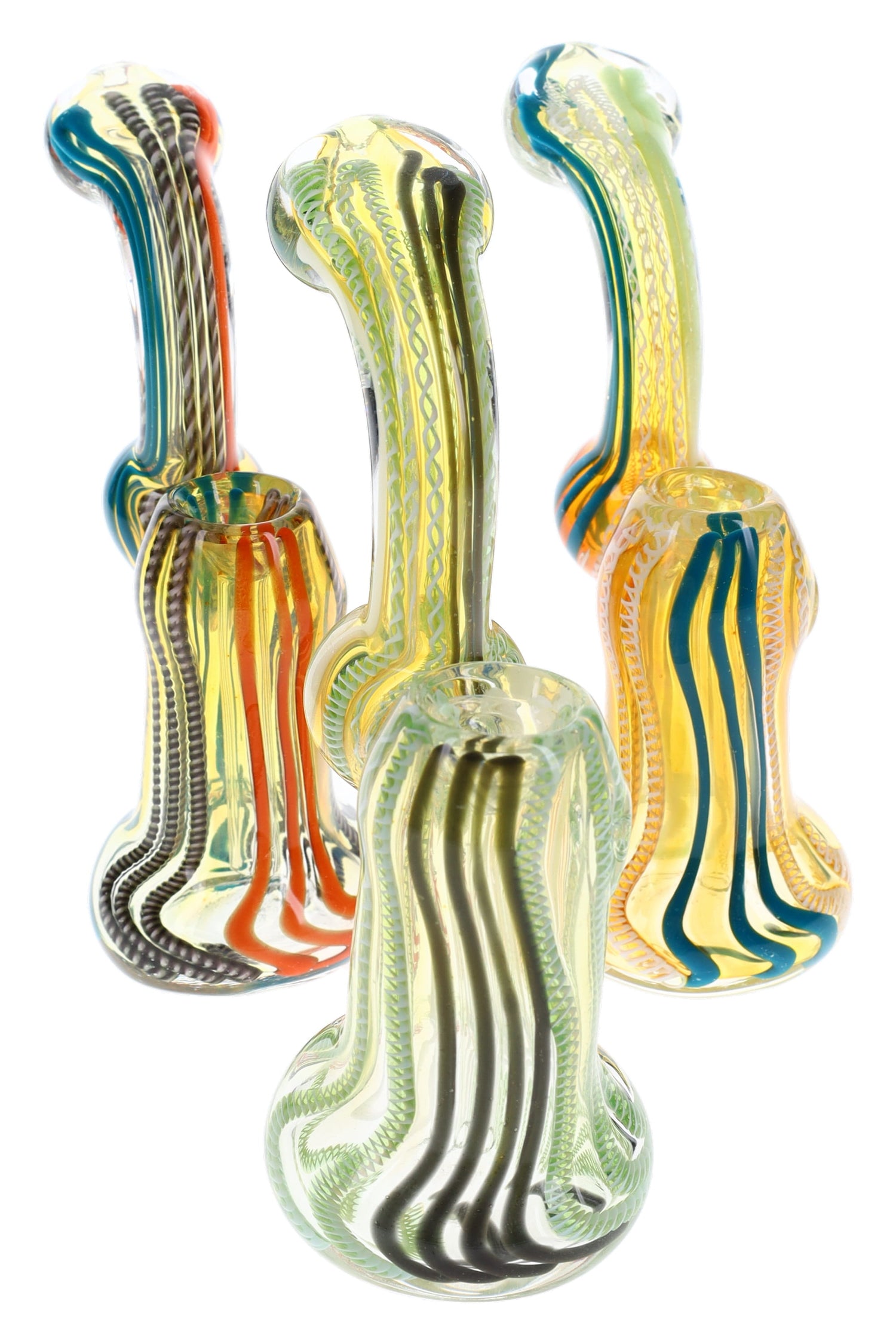 Medium color-changing glass sherlock bubbler with multicolor swirl stripes, curved neck, round water chamber, and side carb—assorted designs.