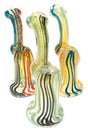 Medium color-changing glass sherlock bubbler with multicolor swirl stripes, curved neck, round water chamber, and side carb—assorted designs.